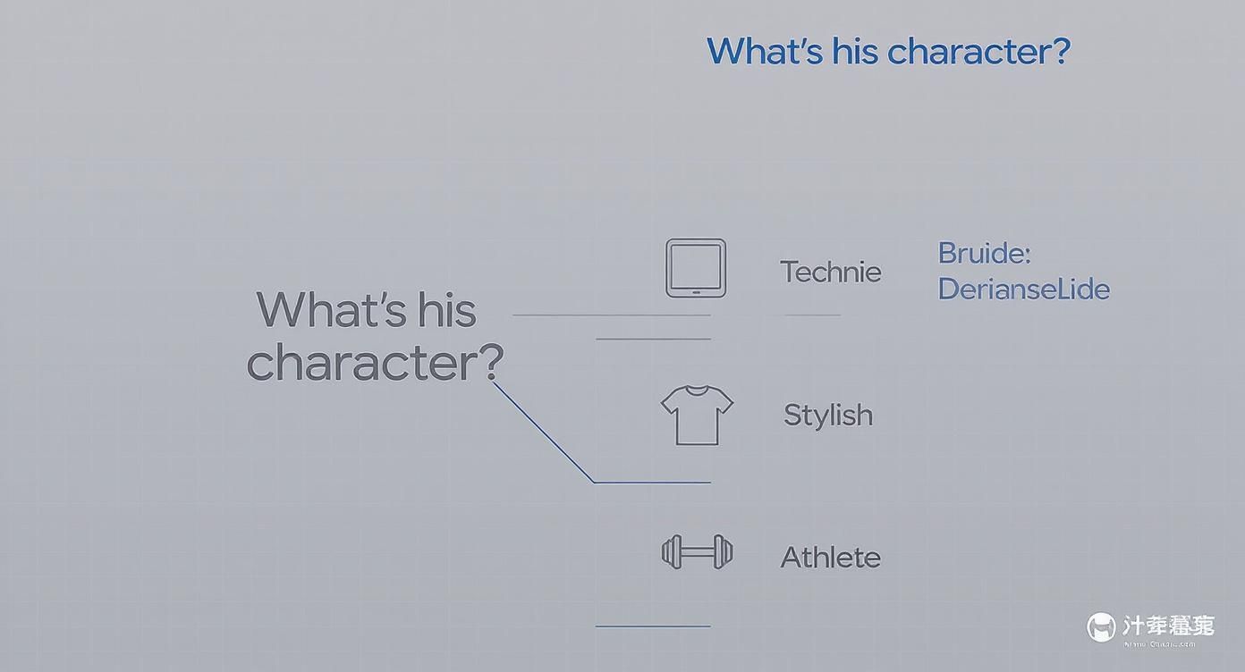 Інфографіка з питаннями про характер, що показує різні типи особистості: технар, стильний, спортсмен.