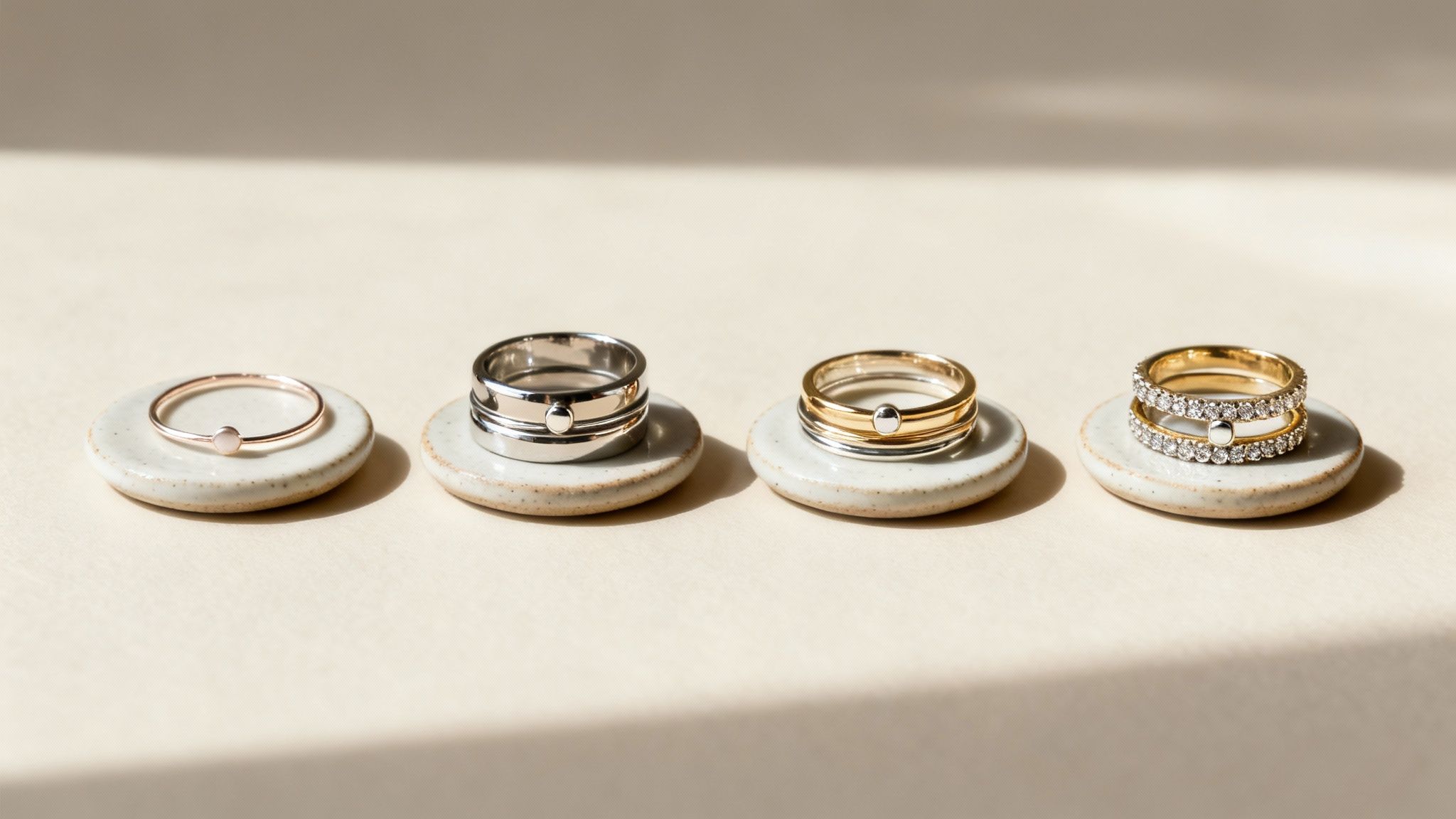 Four elegant rings on ceramic stands: rose gold, silver, gold, and diamond-studded gold, on a beige surface.