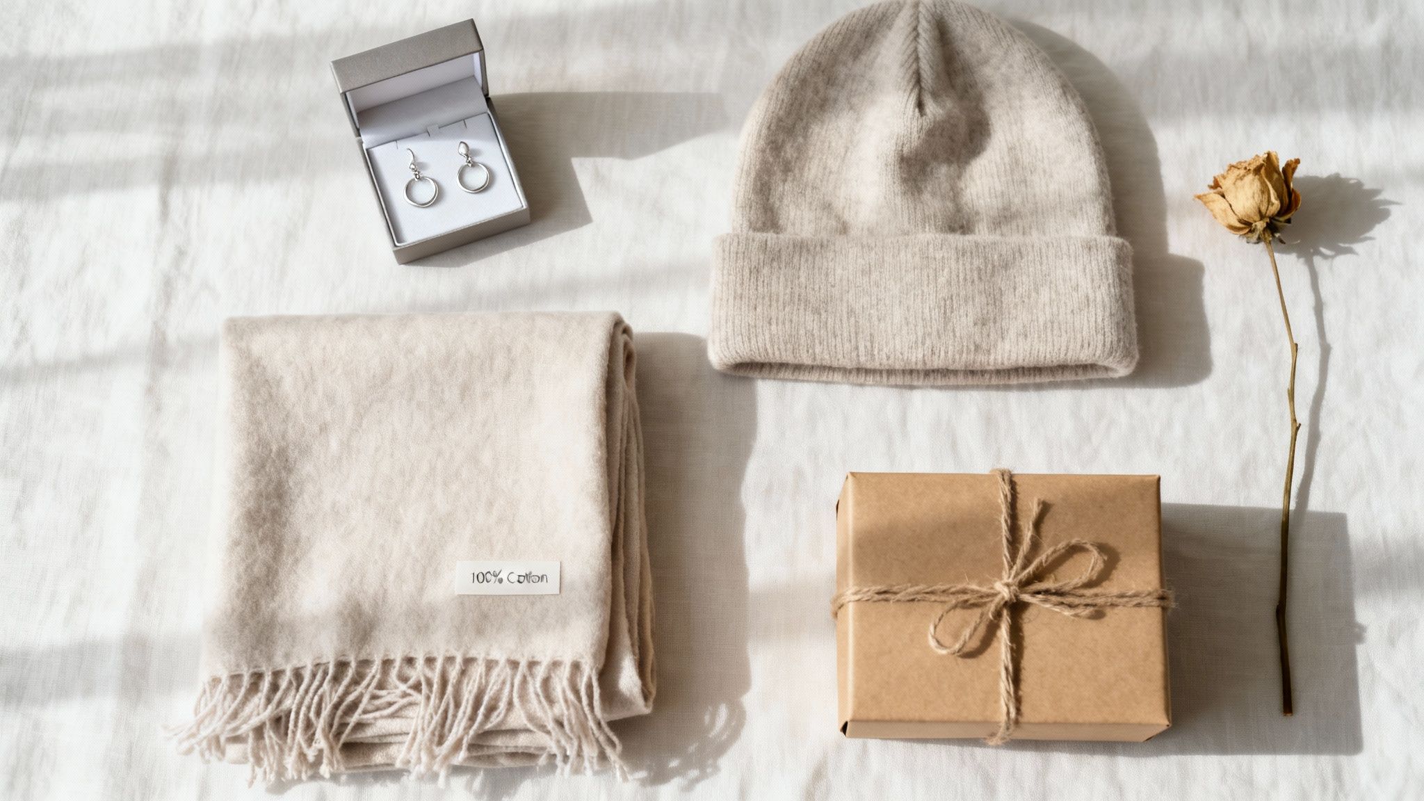 Overhead shot of thoughtful gifts: a beige knit hat, 100% cotton scarf, earrings, and a wrapped present.