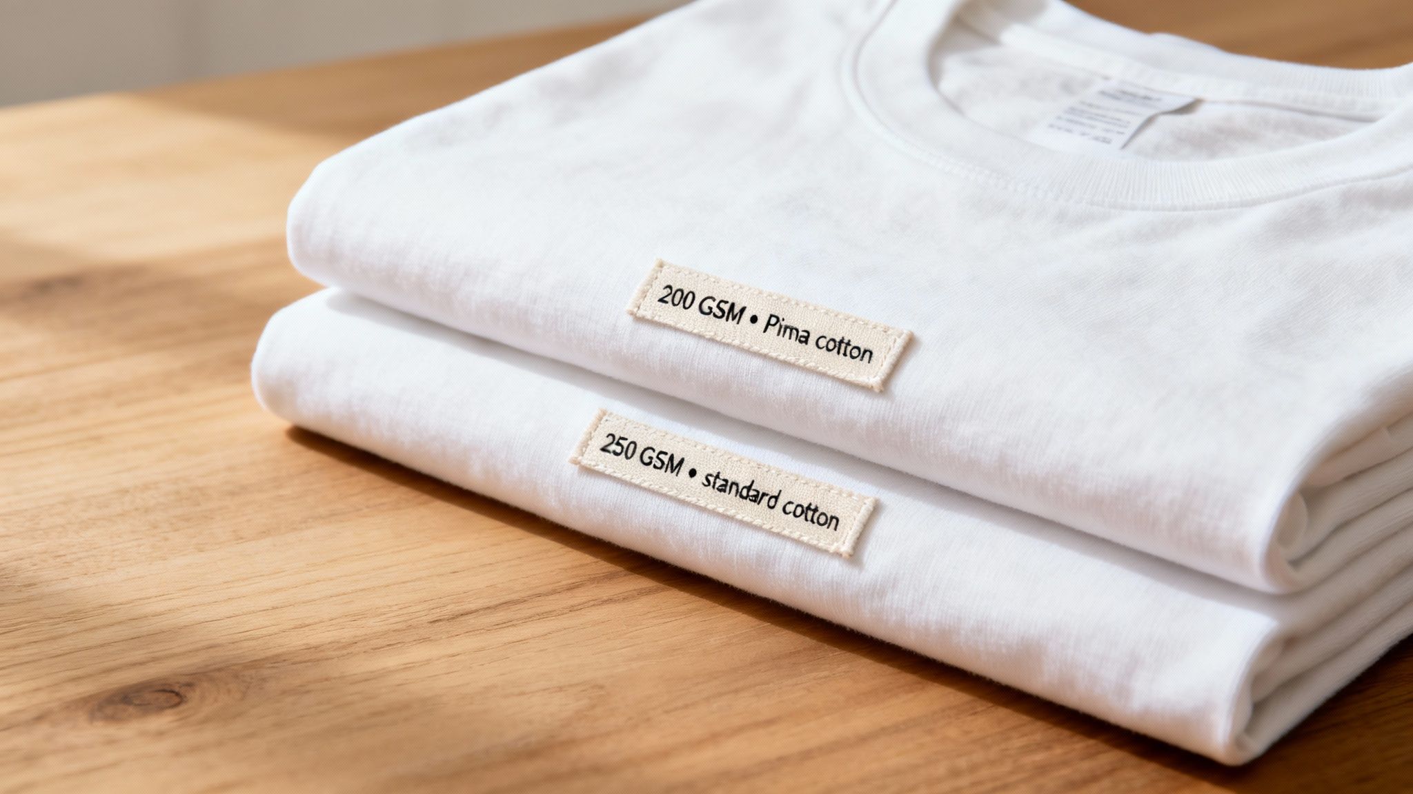 Two stacked white t-shirts with fabric labels showing 200 GSM Pima cotton and 250 GSM standard cotton.