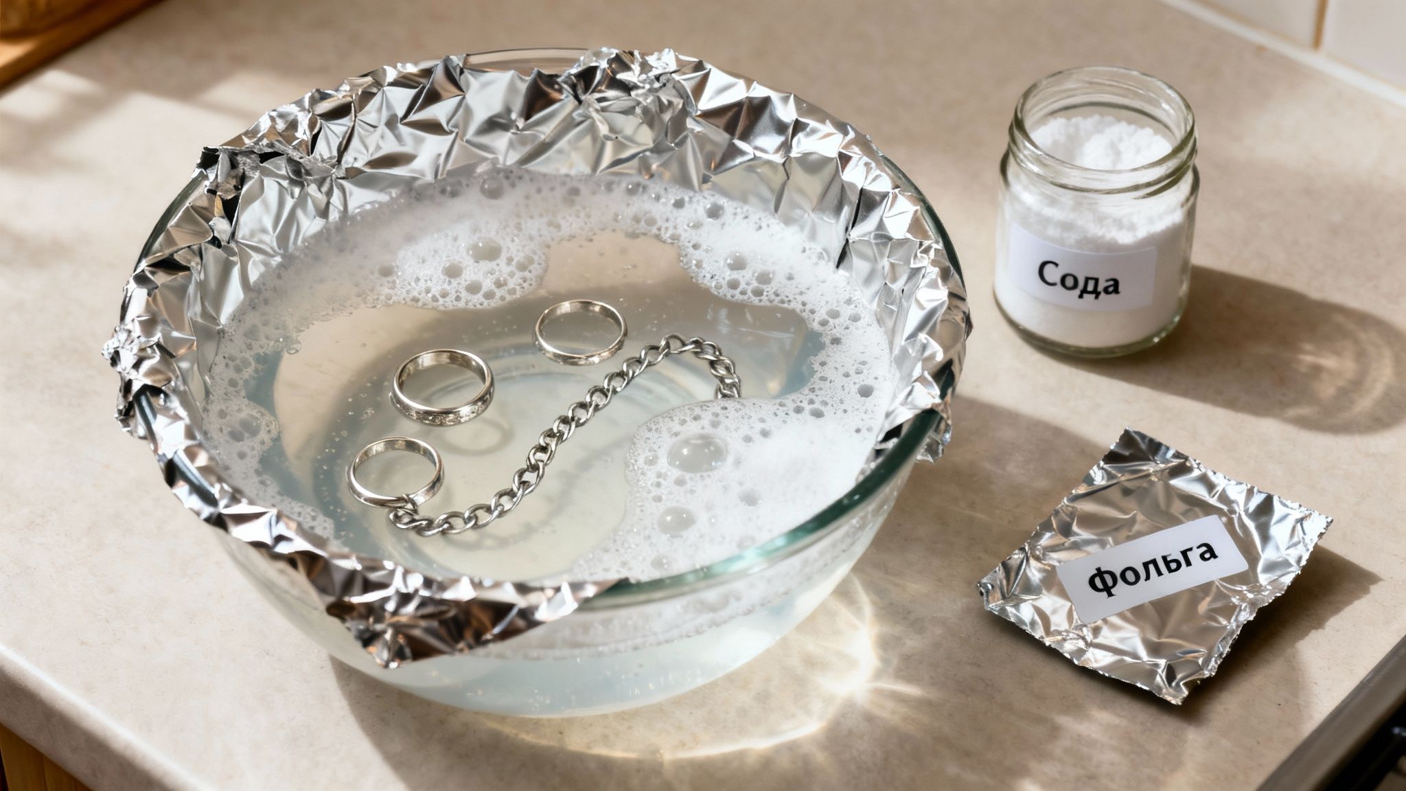 Срібні каблучки та ланцюжок замочені у мильному розчині з фольгою та содою для чищення ювелірних виробів.