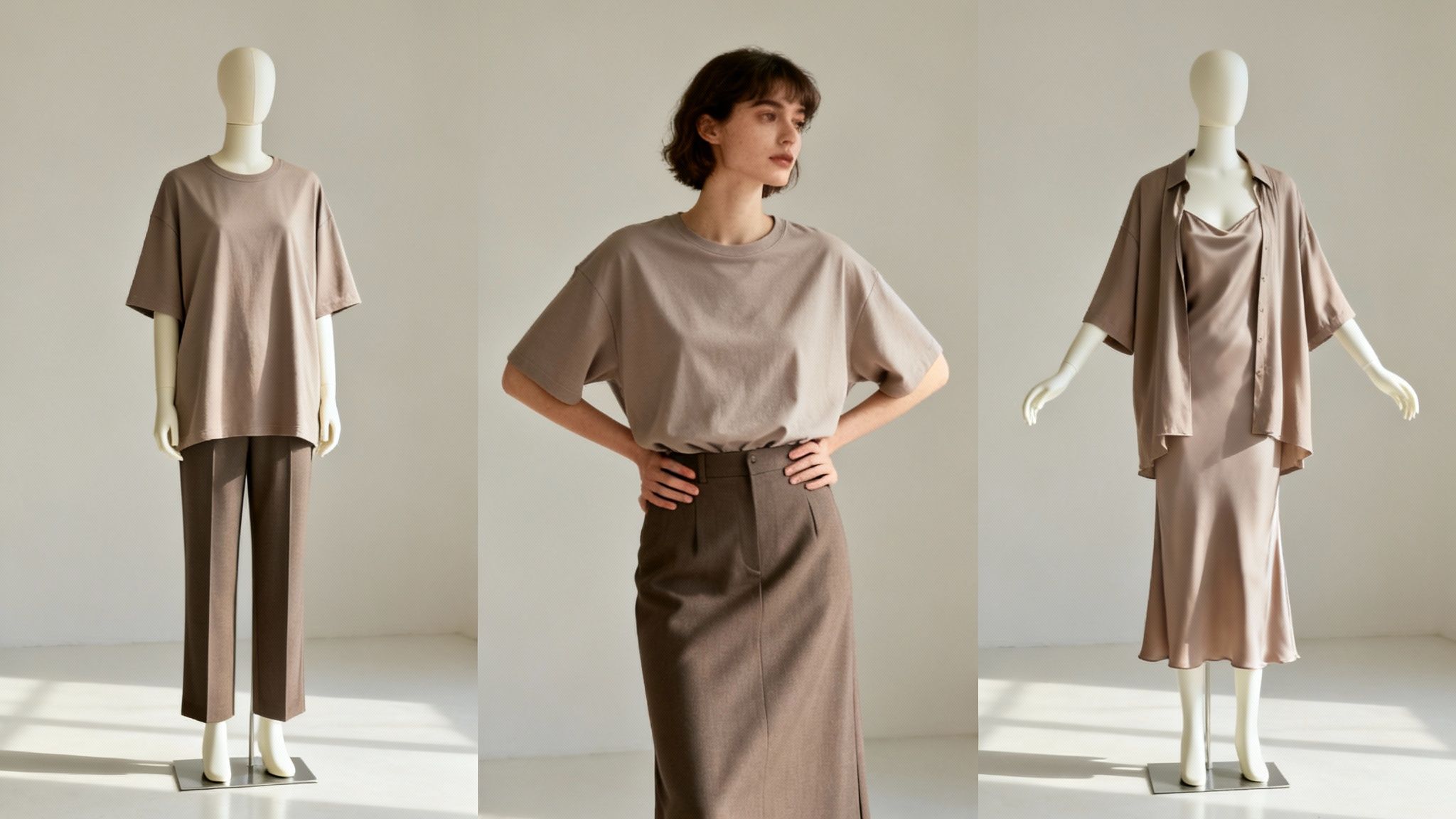 Three models display neutral-colored oversized t-shirts, trousers, skirts, and dresses in a minimalist setting.
