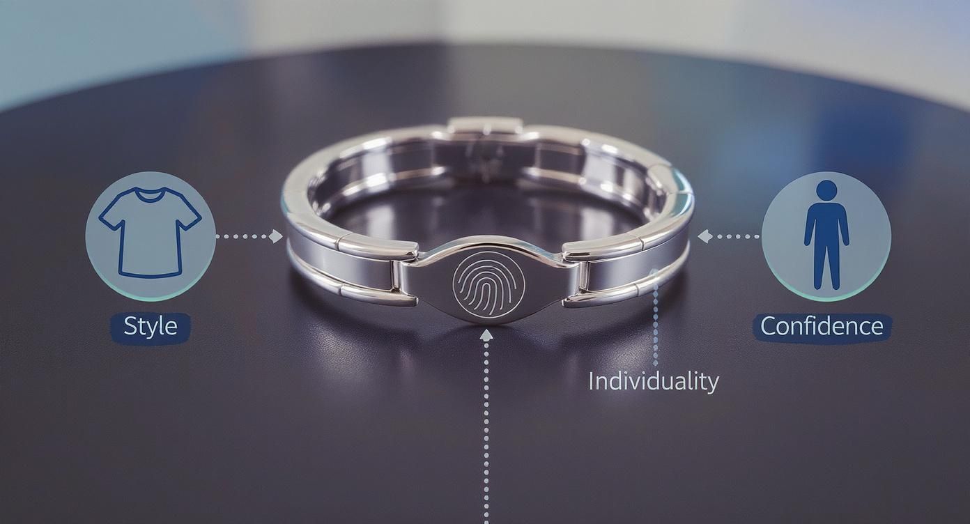 Срібний чоловічий браслет з відбитком пальця, що символізує стиль, індивідуальність та впевненість