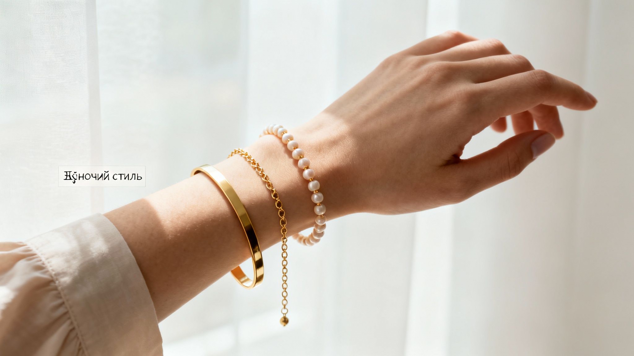 На жіночій руці видно три стильні браслети: золотий кафф, ніжний ланцюжок і елегантний перловий браслет.