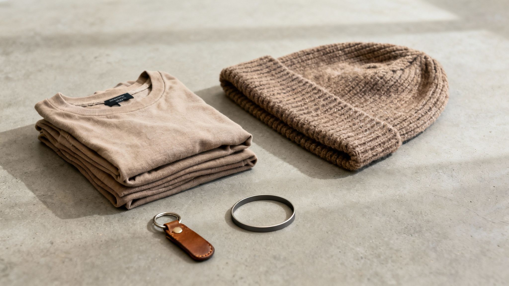 A flat lay of men's casual fashion items: folded t-shirts, a beanie, a keychain, and a bracelet.