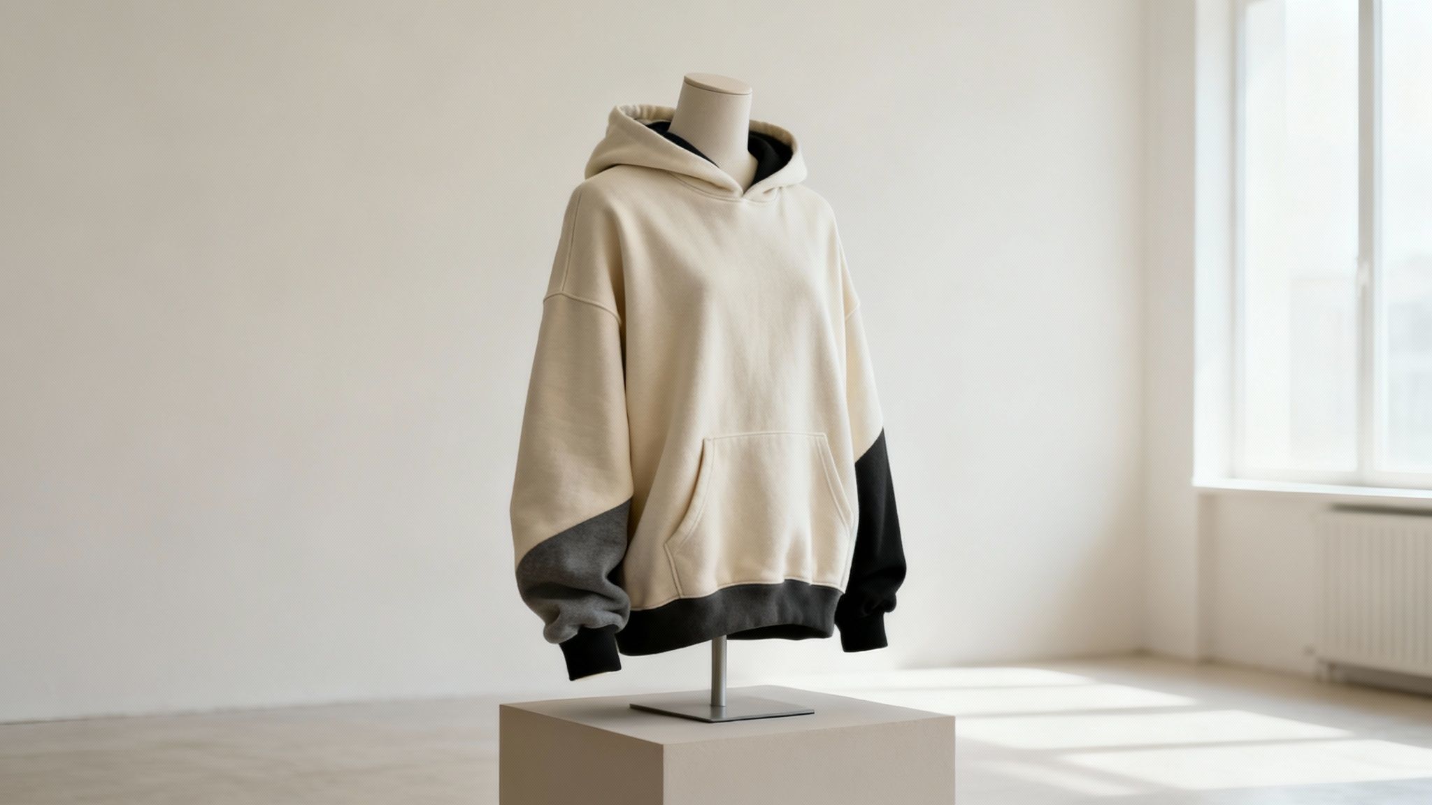 An oversized cream, dark grey, and black color-block hoodie on a mannequin.
