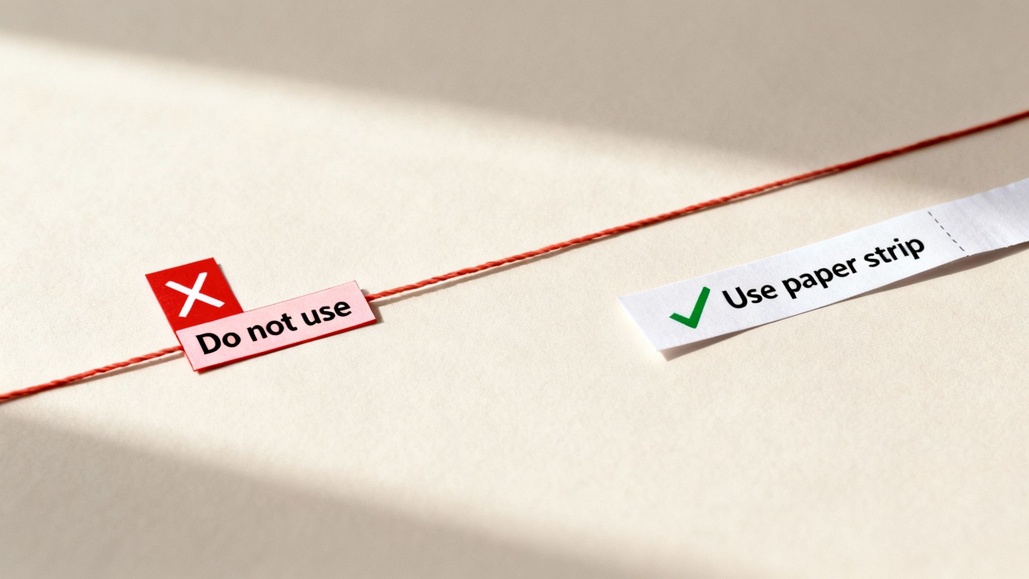 A red string with two labels on a light background. One red label says 'Do not use' with an X symbol, while a white label says 'Use paper strip' with a green checkmark.