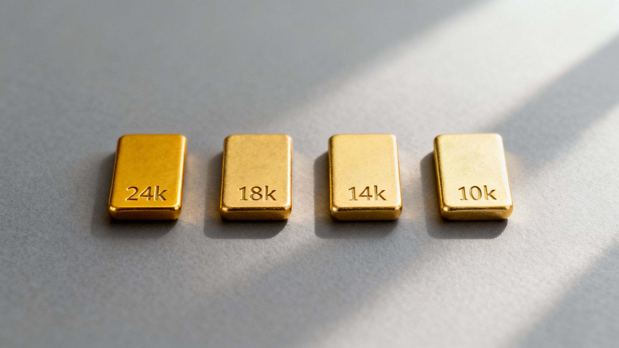 Four small gold bars demonstrating different karat purities: 24k, 18k, 14k, and 10k on a grey surface.