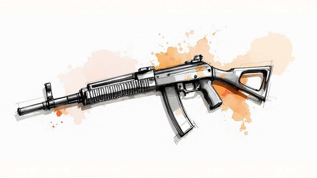 Малюнок автомата або гвинтівки у скетч-стилі з помаранчевими акварельними бризками на білому фоні.