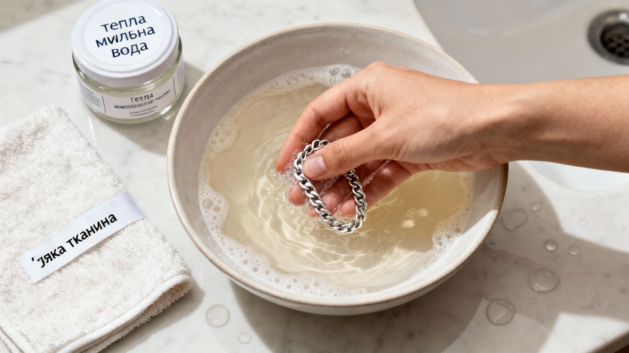 Жіноча рука чистить срібний браслет у мильній воді, поруч рушник та засіб.