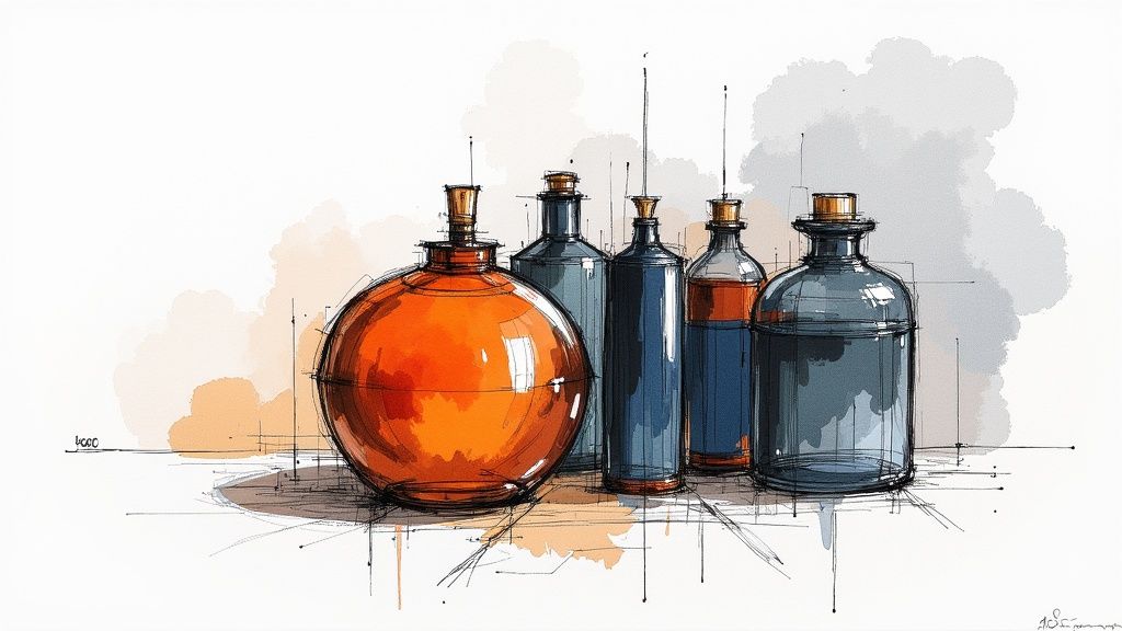 Стилізовані скляні пляшки та колби різних форм і кольорів, виконані в акварельному скетчі.