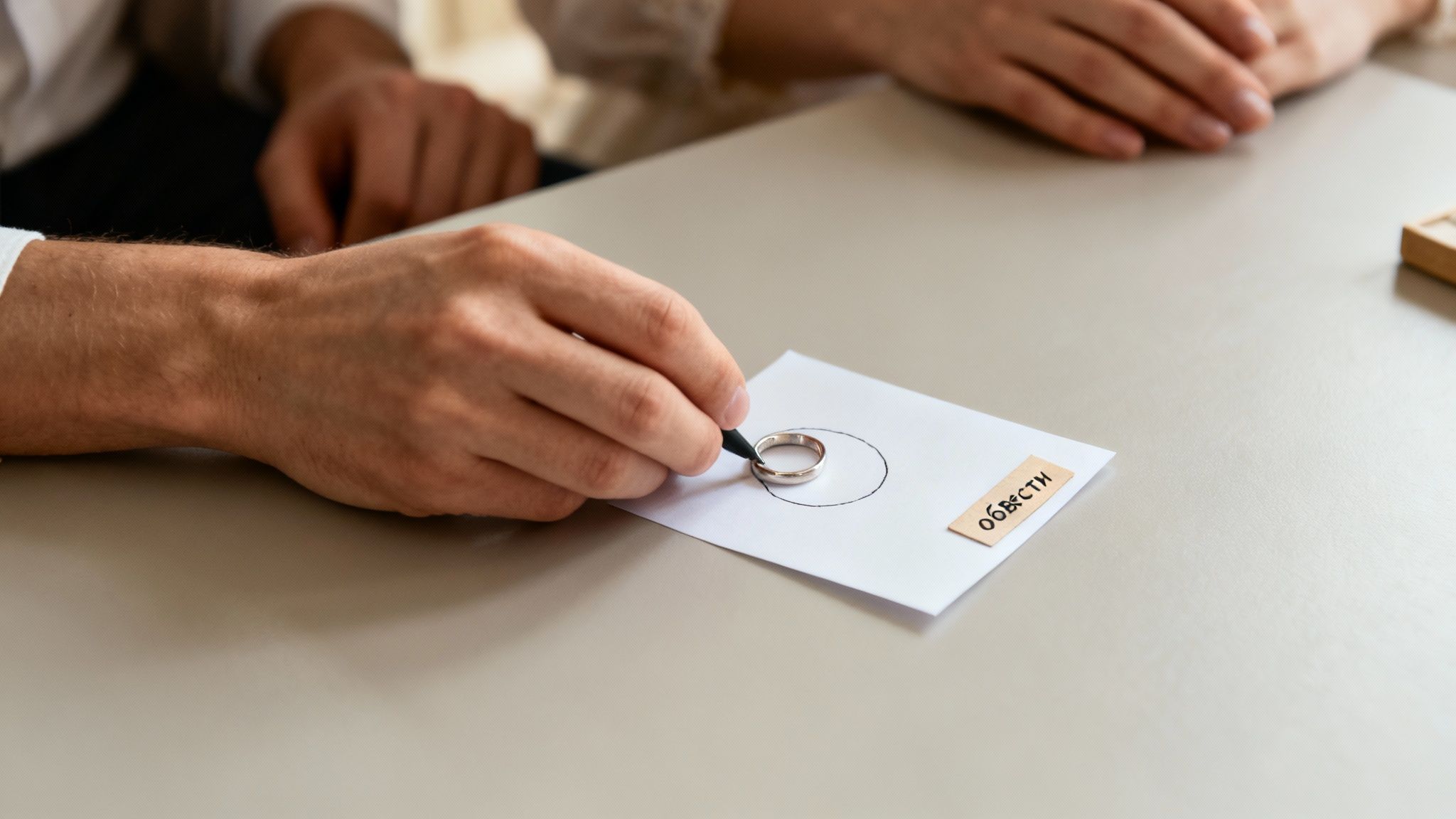 Людина обводить каблучку на папері ручкою, вимірюючи розмір пальця для каблучки.