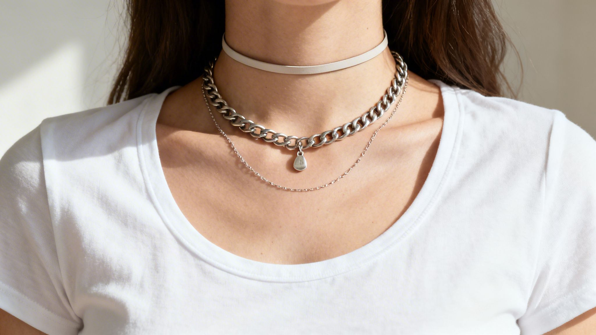 Close-up of a woman wearing a white t-shirt and layered silver necklaces, including a choker and a chain with a pendant.