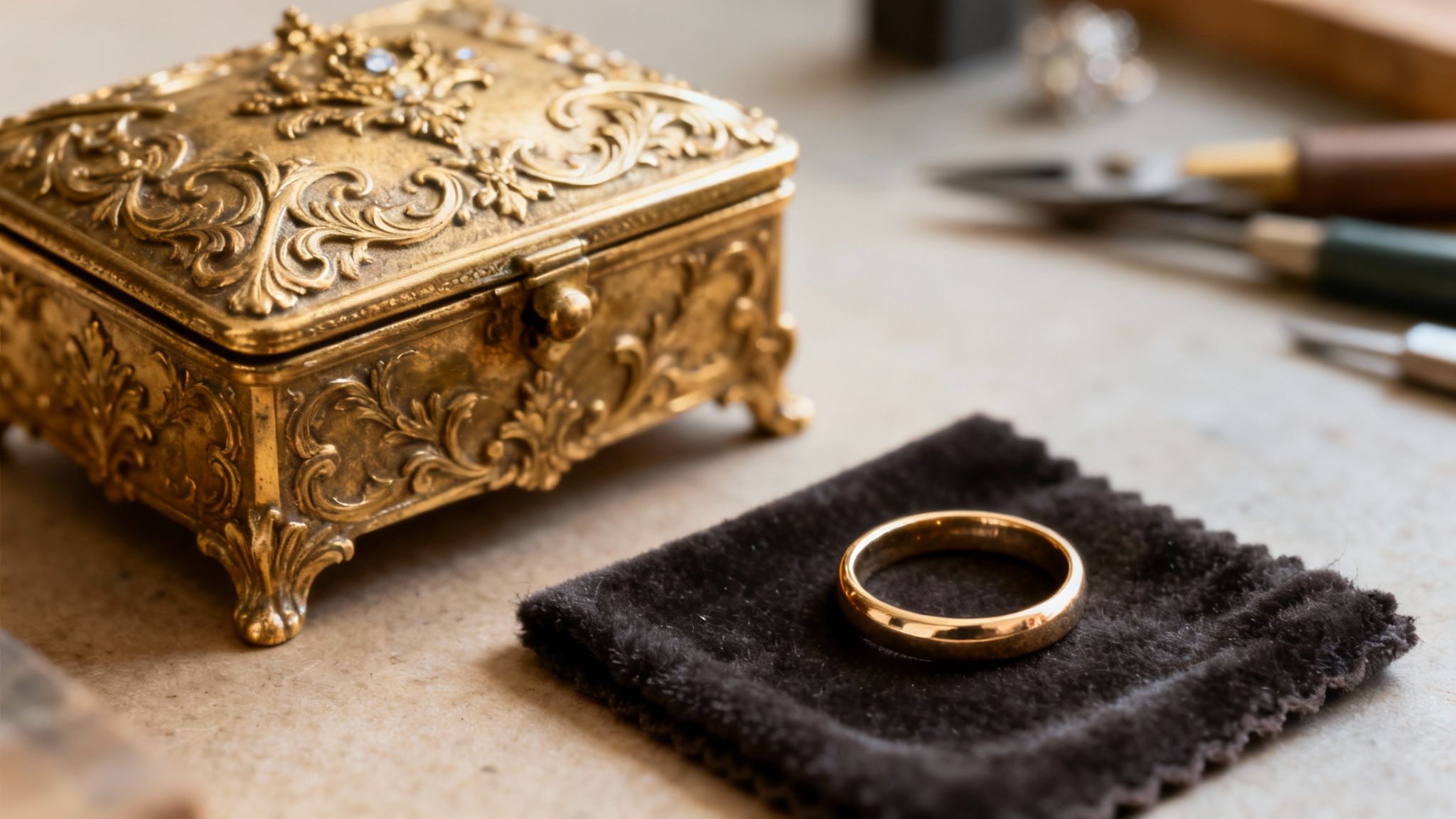 An ornate golden jewelry box and a simple gold ring on a dark cloth, with tools in the background.