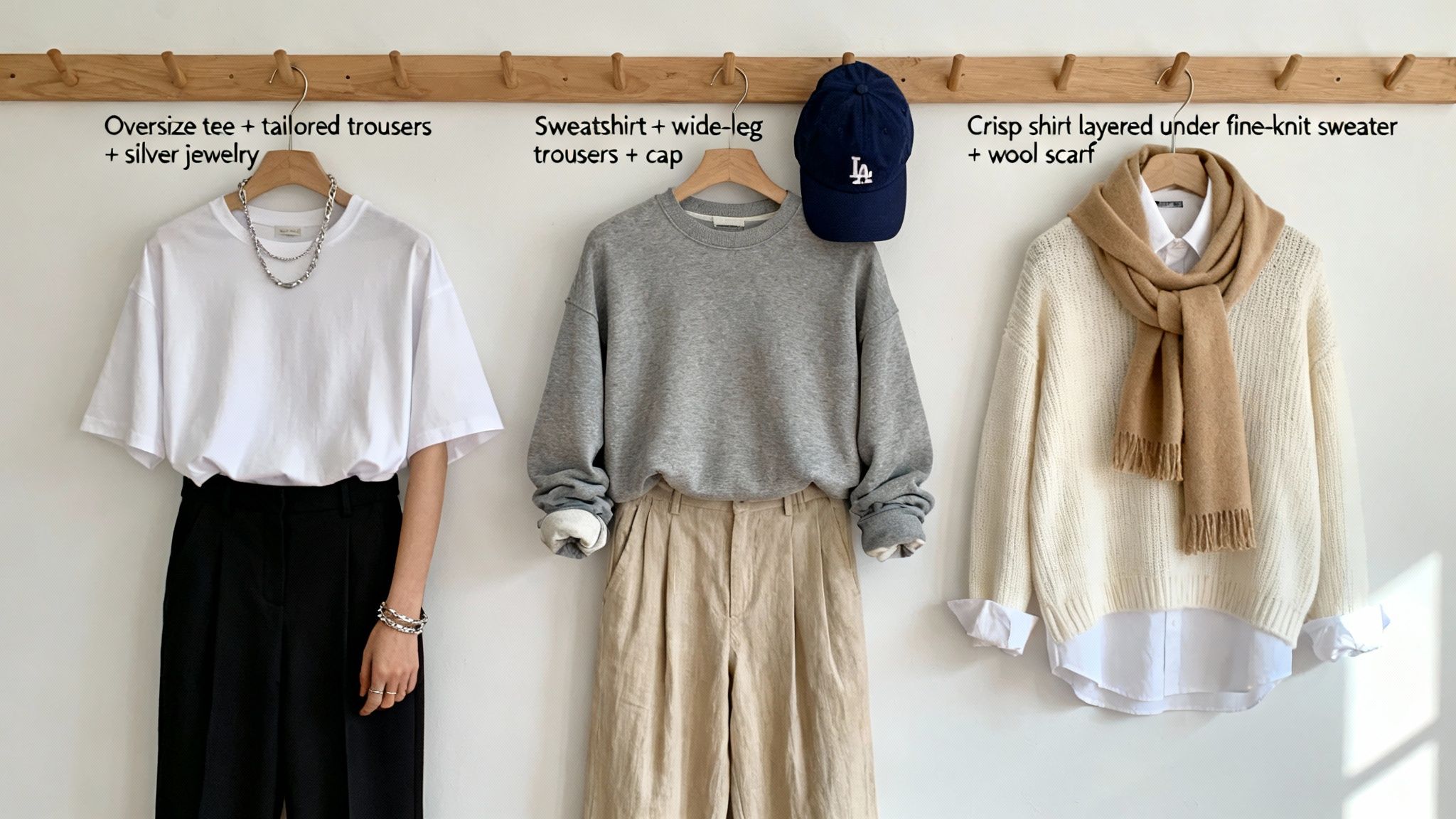 Three minimalist outfit ideas with a white tee, grey sweatshirt, and cream sweater on hangers.