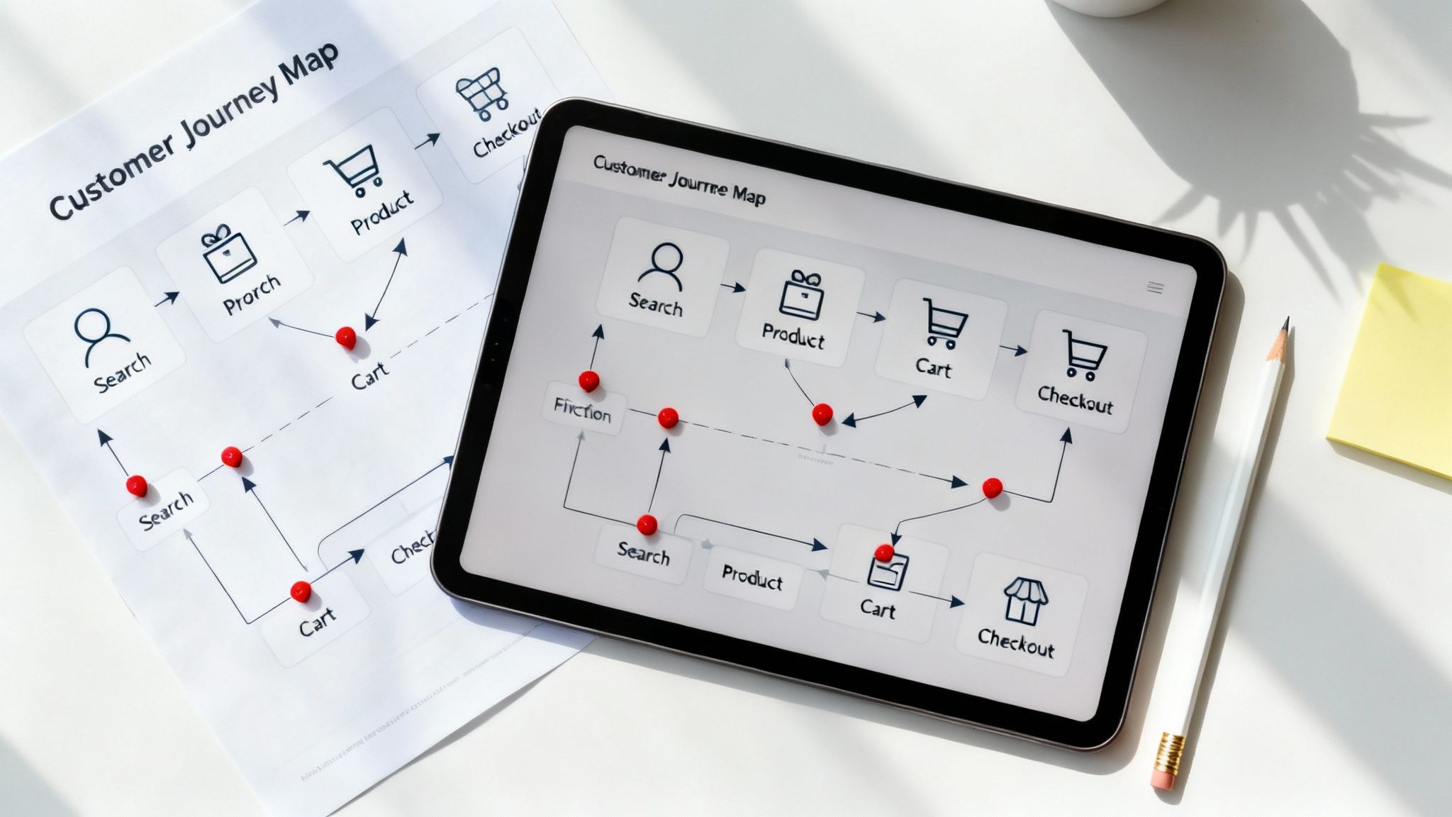 Customer journey map displayed on paper and a tablet, illustrating e-commerce conversion steps.