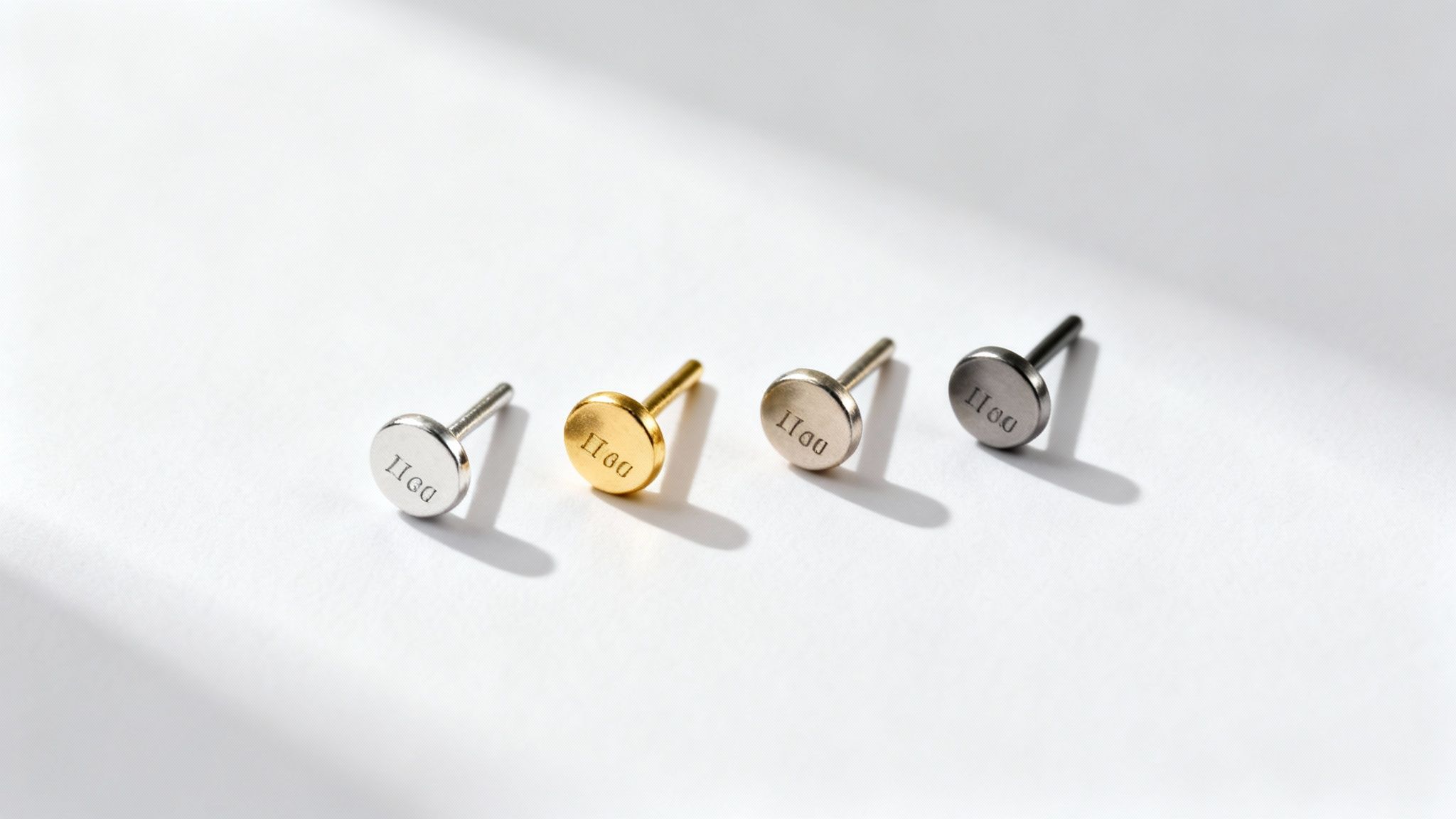 Four minimalist round stud earrings in silver, gold, and dark grey for sensitive ears.