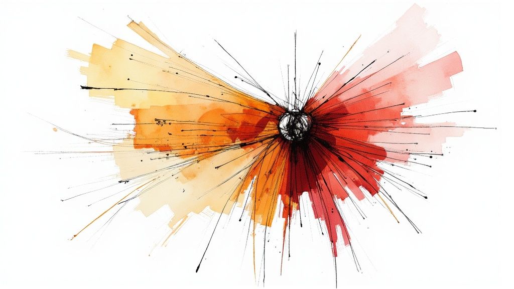 Динамічна акварельна ілюстрація з жовто-червоними відтінками та розбіжними чорними лініями.