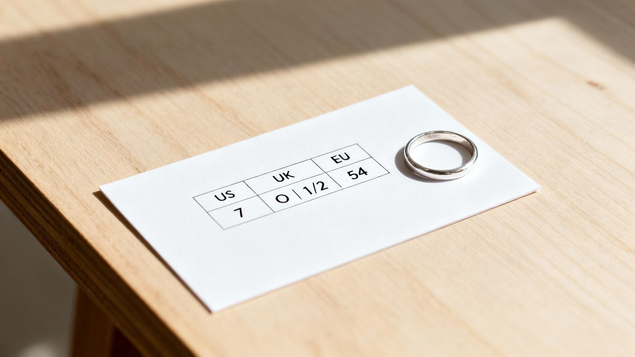 A silver ring rests on a white card displaying US, UK, and EU ring sizes on a wooden table.