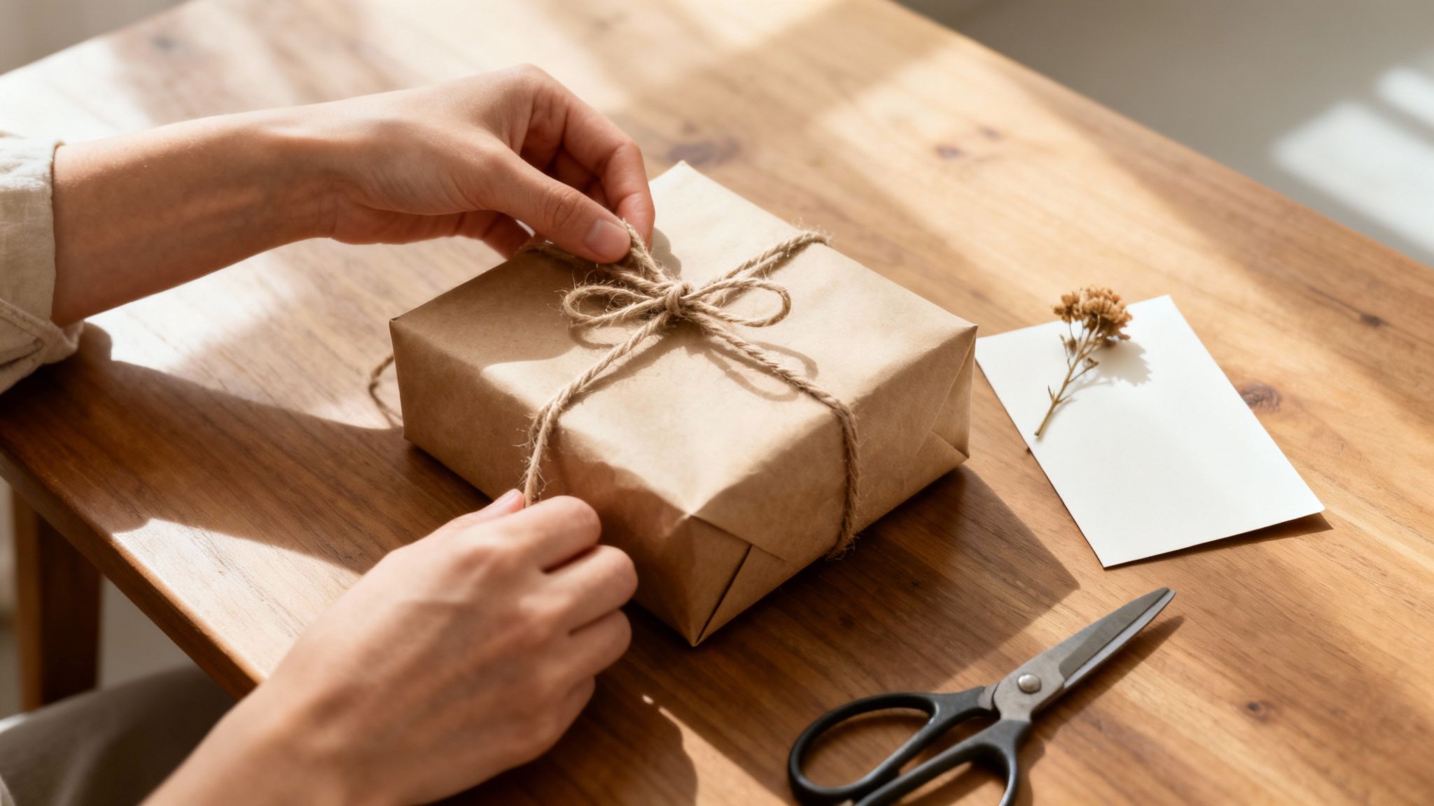 Hands tying natural twine around a brown paper gift box on a warm wooden table.