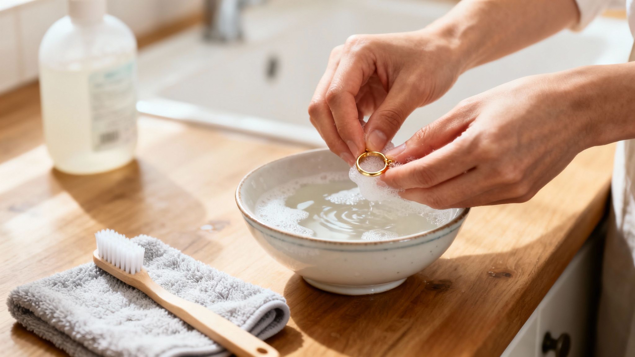 Руки чистять золоту обручку в мисці з мильною водою, поруч щітка та рушник.