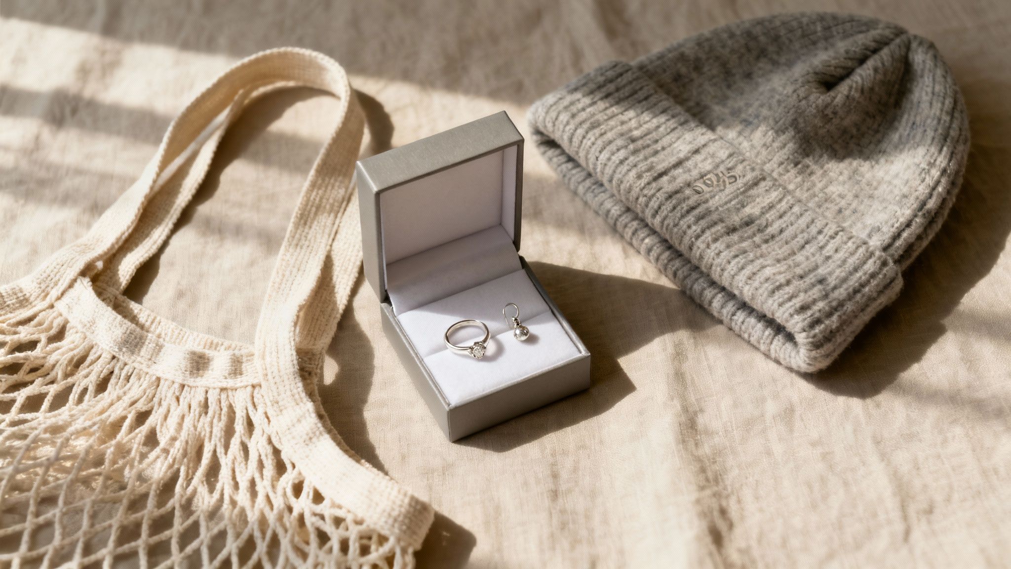 A grey beanie, a silver ring in an open grey box, an earring, and a net bag on a fabric surface.