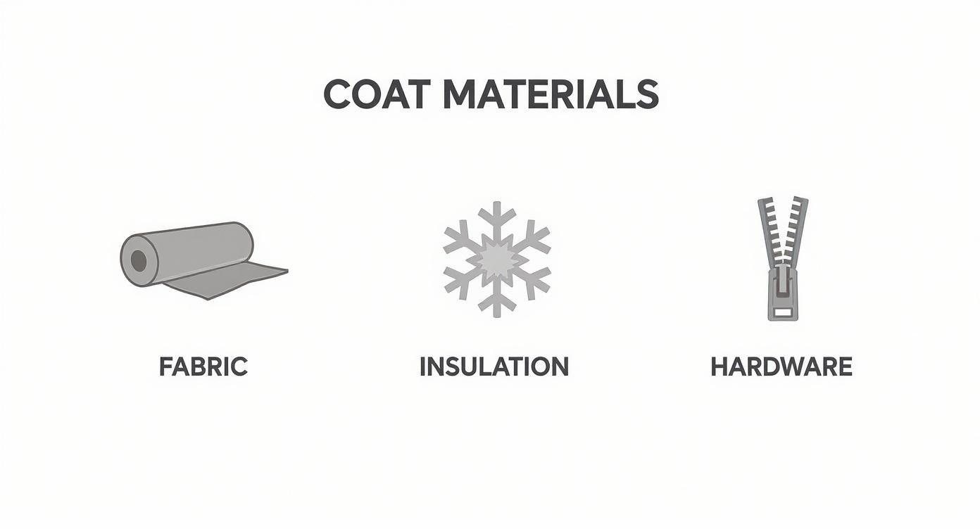 Зображення ілюструє три основні категорії матеріалів для виготовлення куртки: тканина, утеплювач (сніжинка) та фурнітура (блискавка).