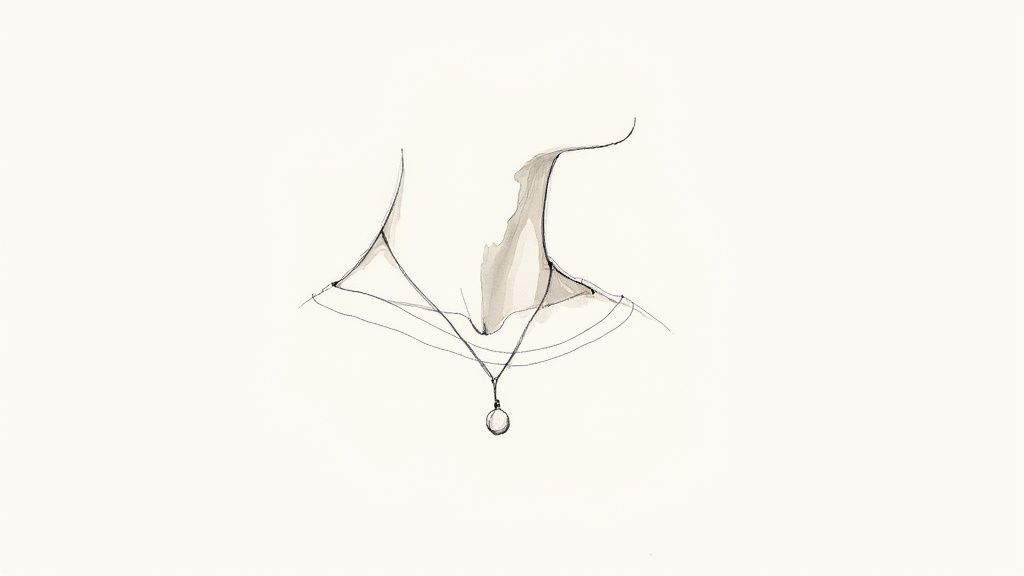 Малюнок контуру шиї з ключицями та тонким ланцюжком з круглою підвіскою.