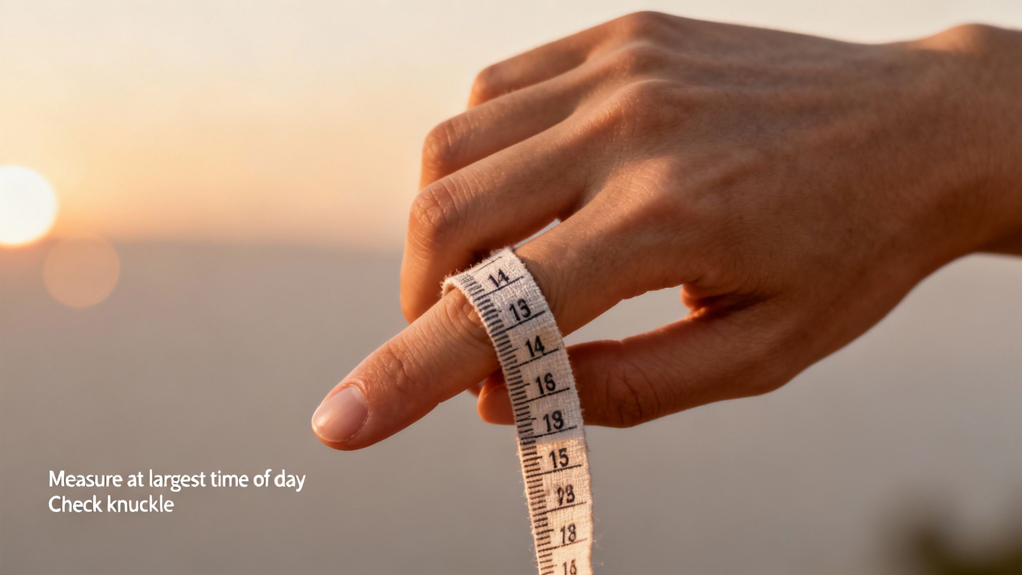 A person's hand measures a finger with a fabric tape measure, providing ring sizing tips.