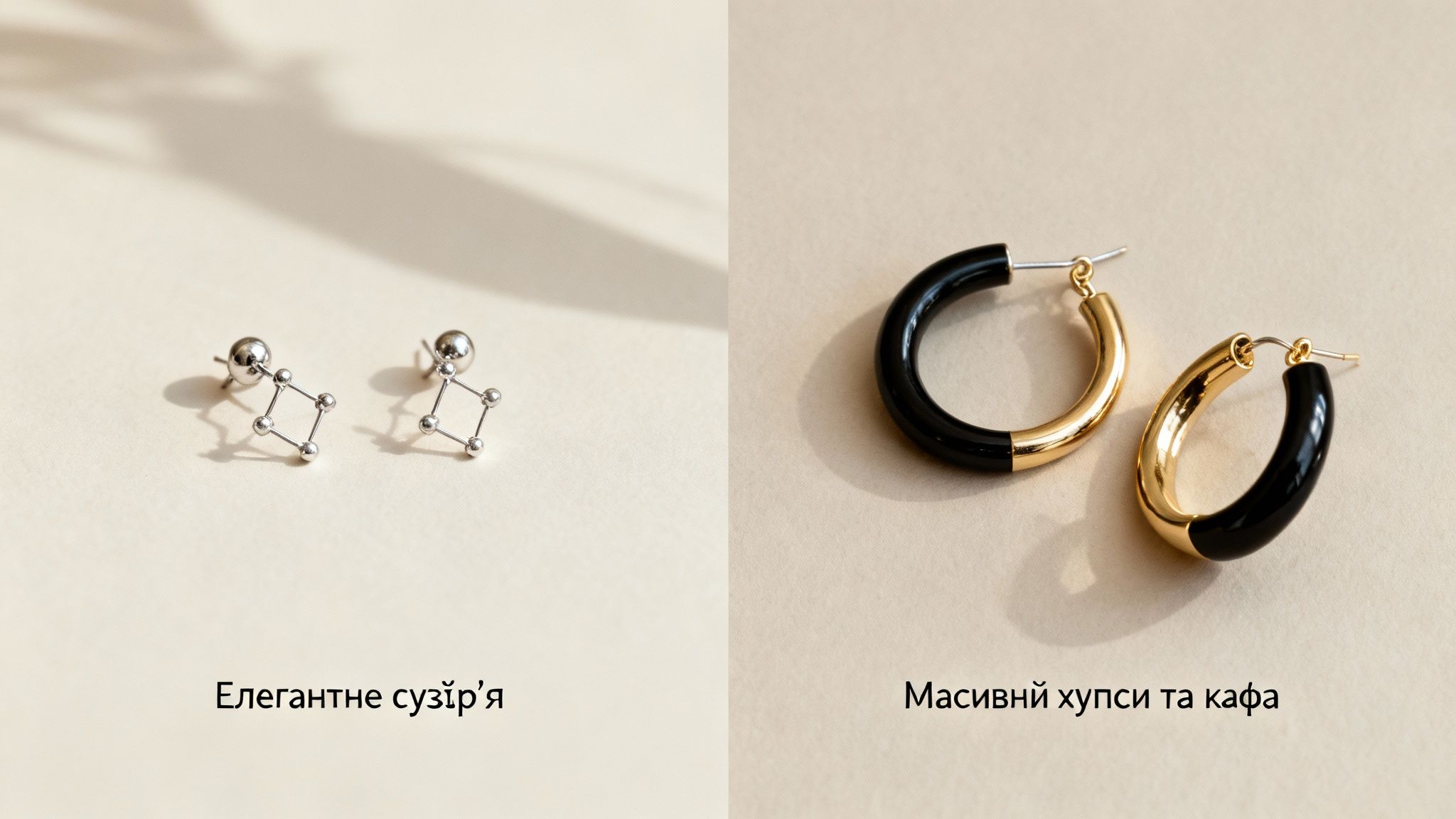 Дві пари сережок на бежевому фоні: срібні гвоздики та золотисто-чорні кільця.