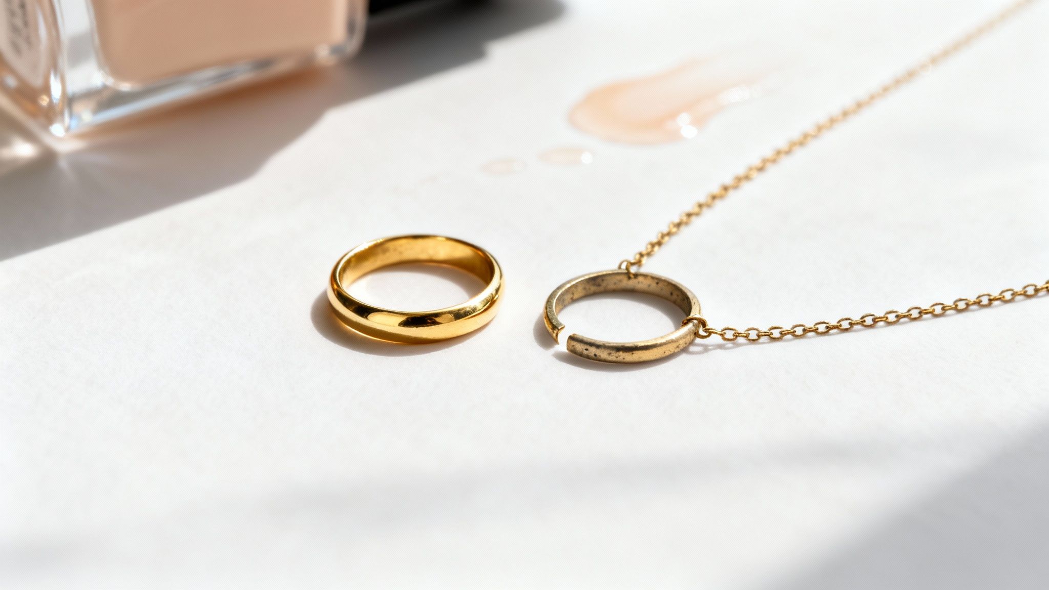 Золота каблучка та поламаний золотий ланцюжок з підвіскою на білому тлі з косметикою.