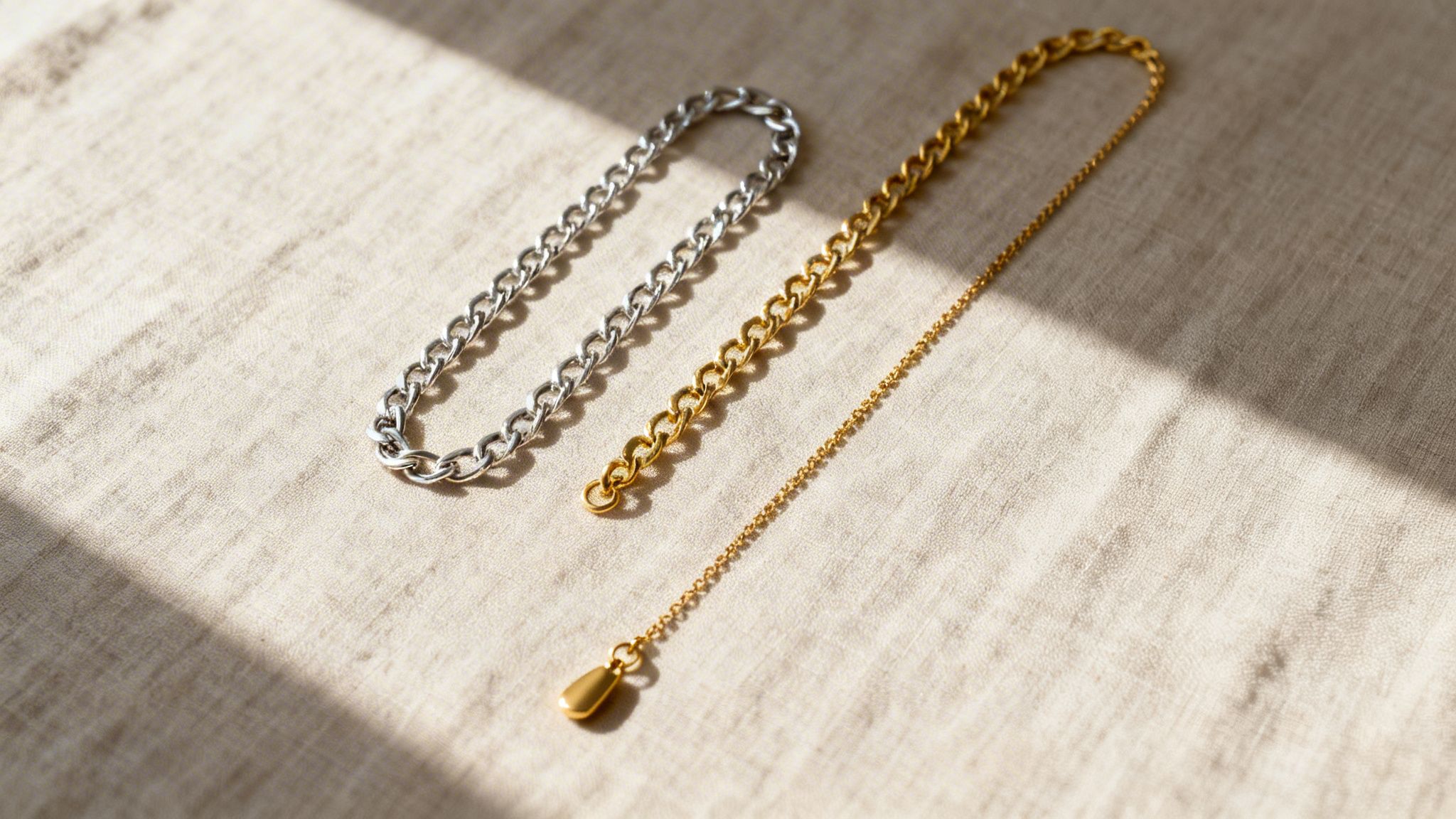 Three metal chains: one silver and two gold, on a light fabric with shadows.