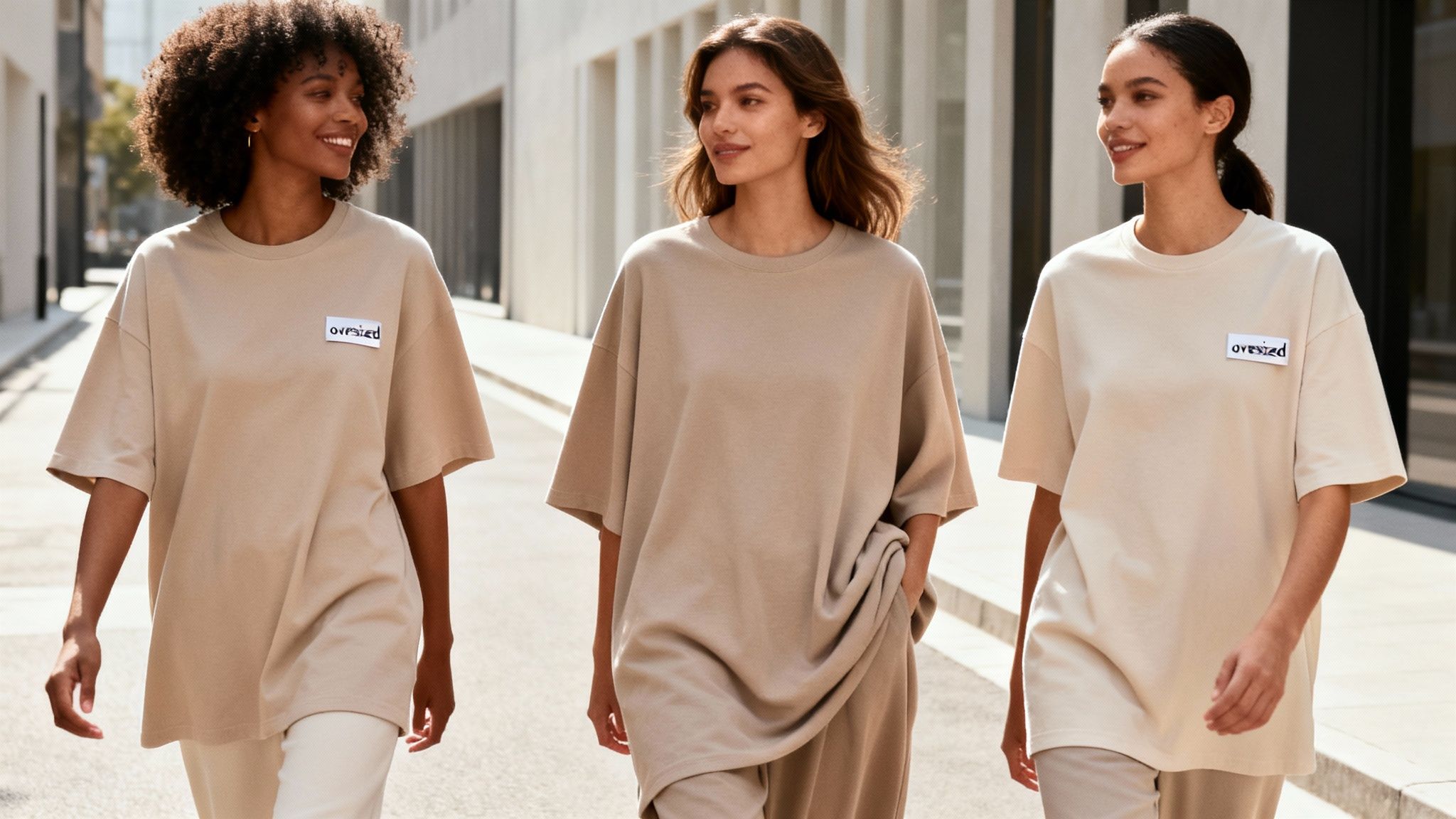 Three smiling women walk outdoors wearing stylish, comfortable oversized t-shirts in neutral tones.