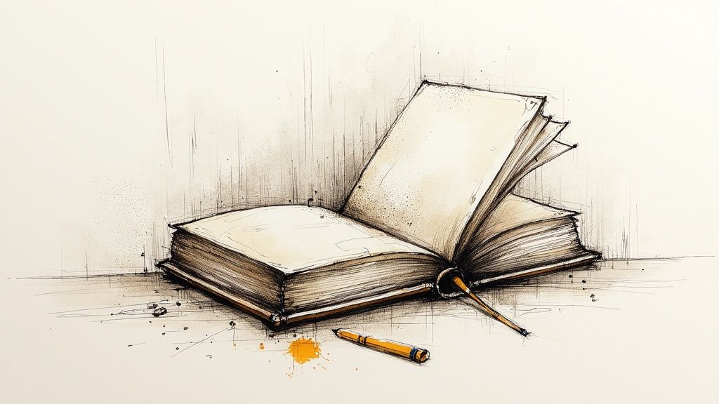 Відкрита книга та ручка з чорнильними плямами в художньому ескізі, на світлому фоні.