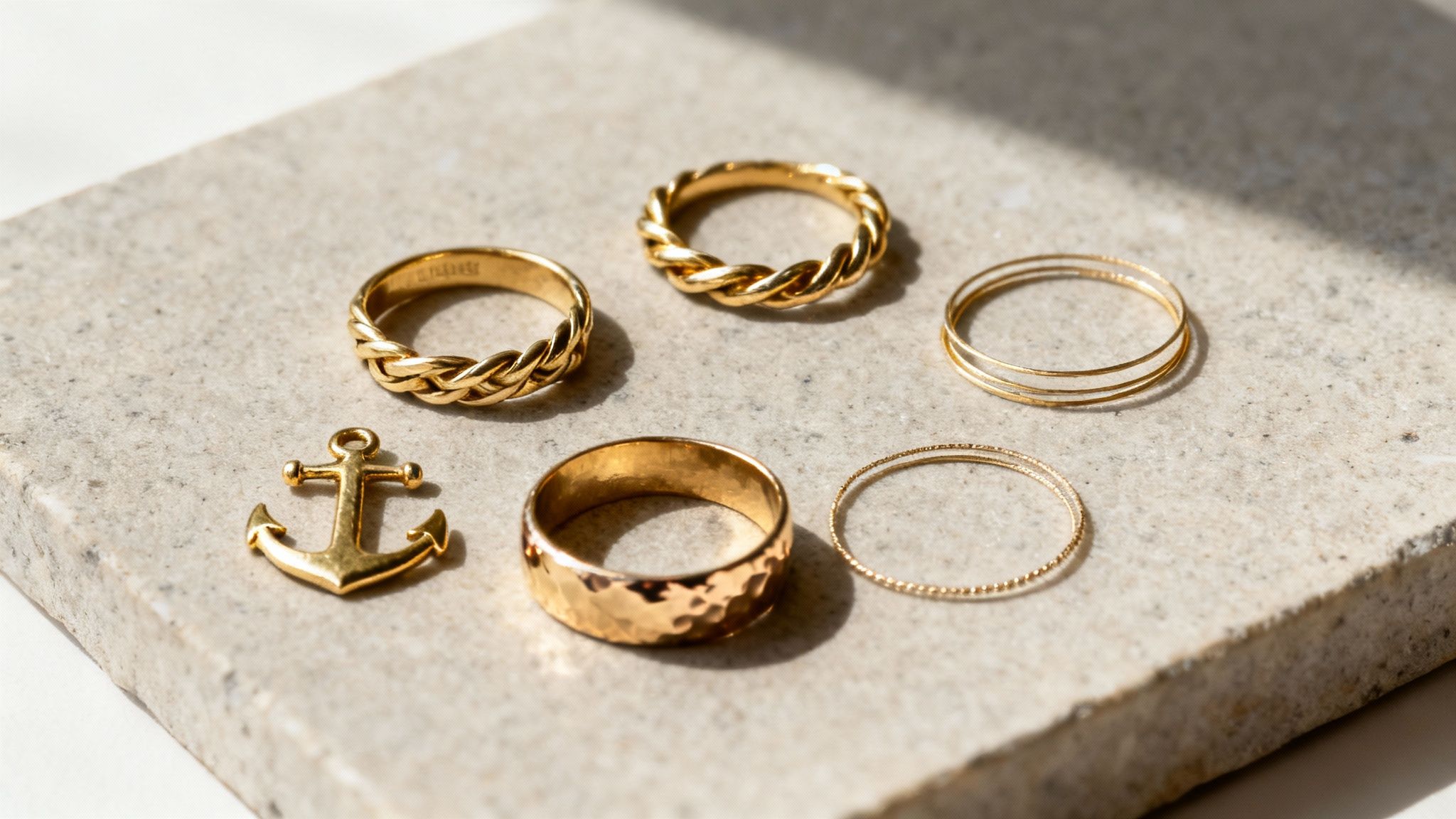 A close-up shot of various gold stacking rings and an anchor charm on a light stone surface.