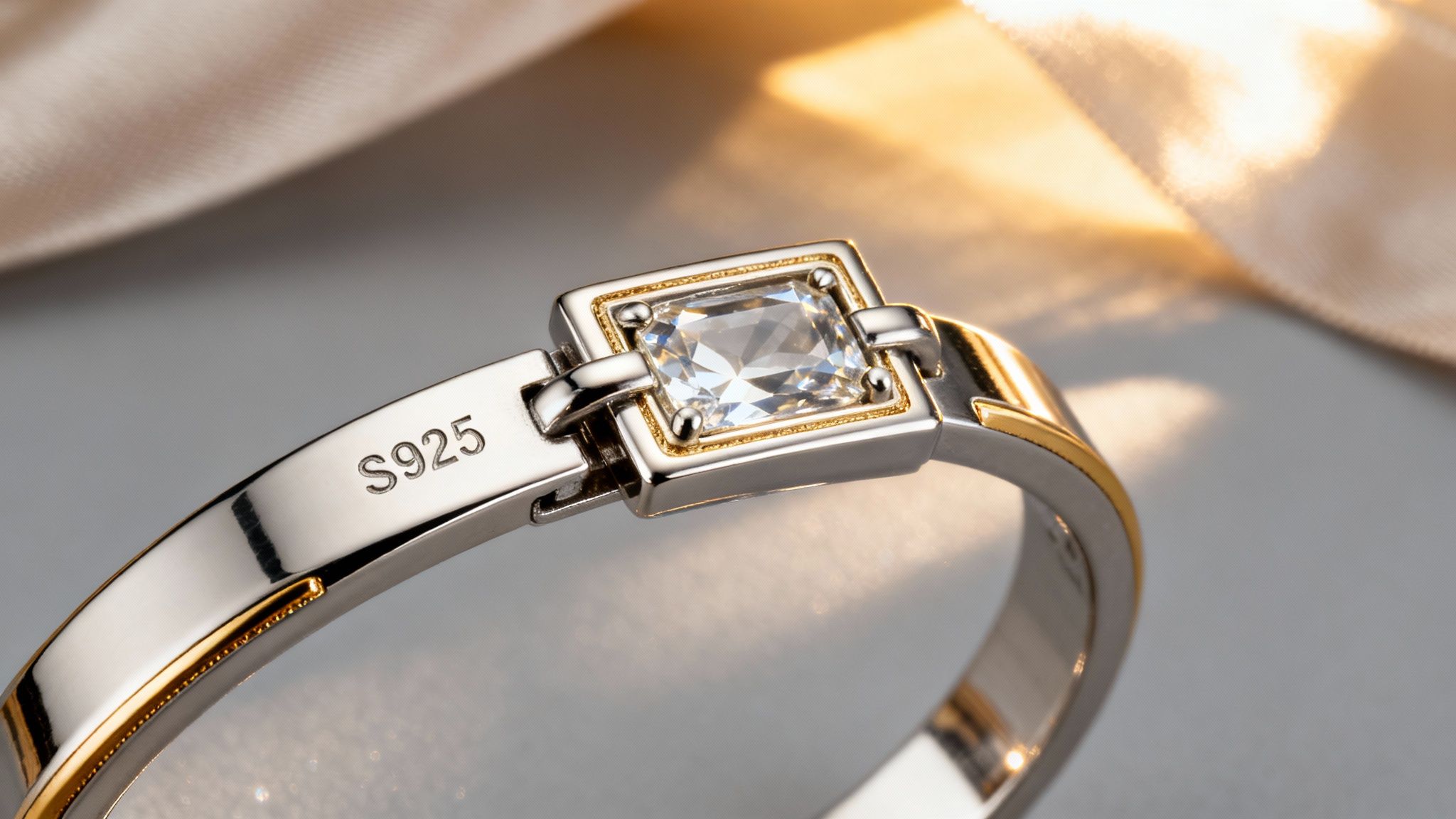 Elegant two-tone bracelet with a sparkling rectangular gem, marked "S925", against a soft backdrop.