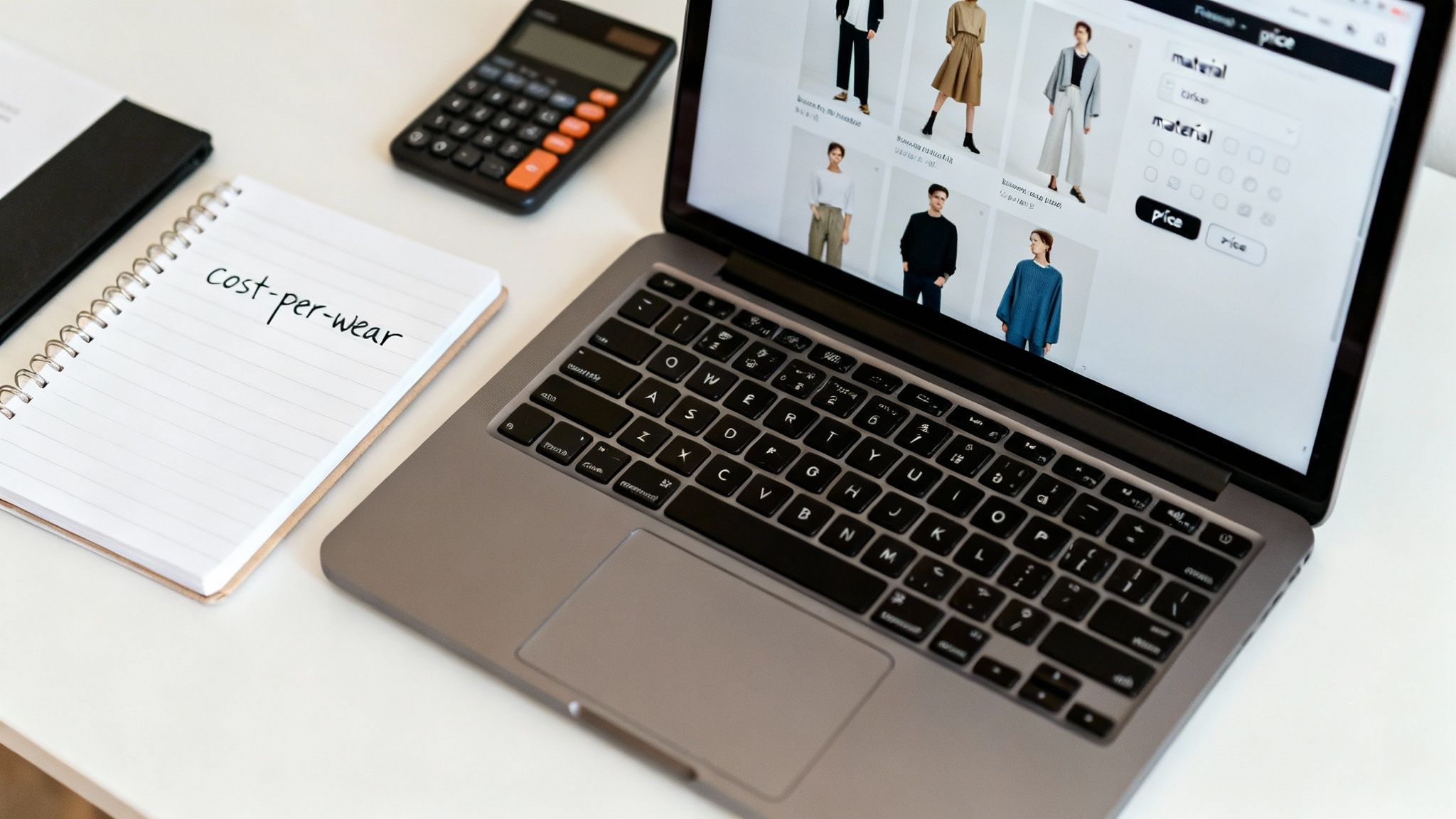 A laptop displaying an online clothing store, a notebook with 'cost-per-wear' text, and a calculator on a white desk.