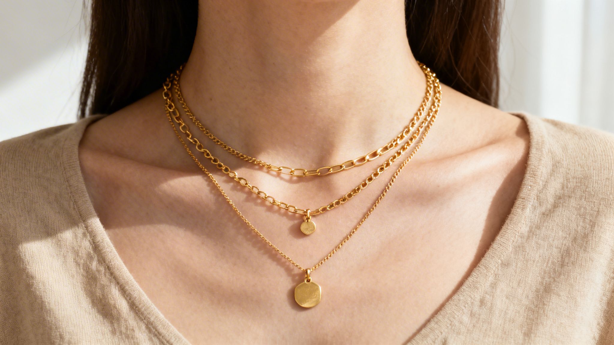 Close-up of a person wearing three layered gold chain necklaces over a beige top.