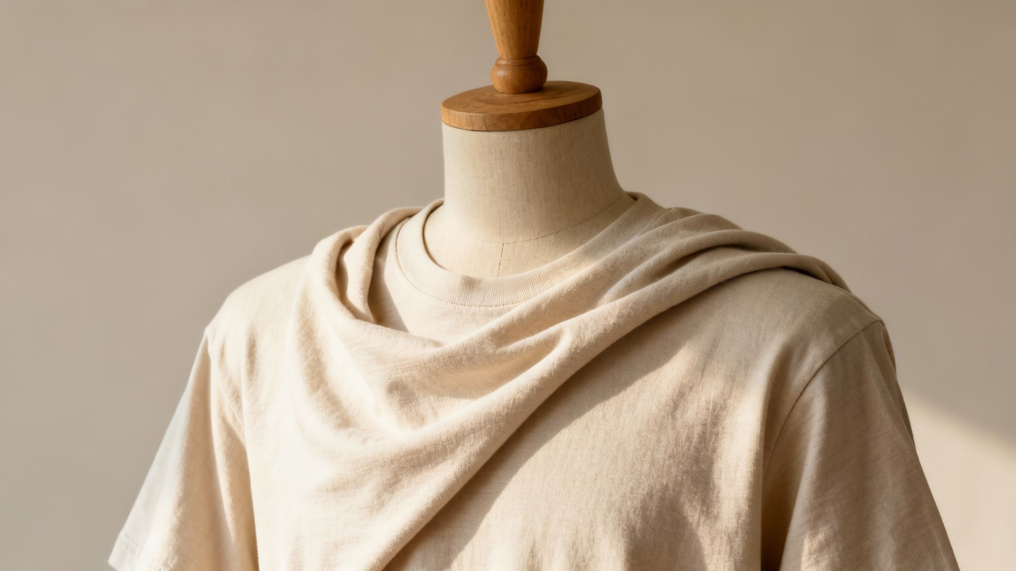 A close-up of a light beige t-shirt draped on a mannequin, highlighting the fabric texture.