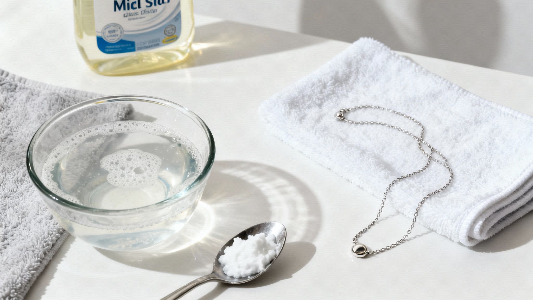Overhead shot of supplies for cleaning silver jewelry, including soap, water, powder, towel, and a necklace.