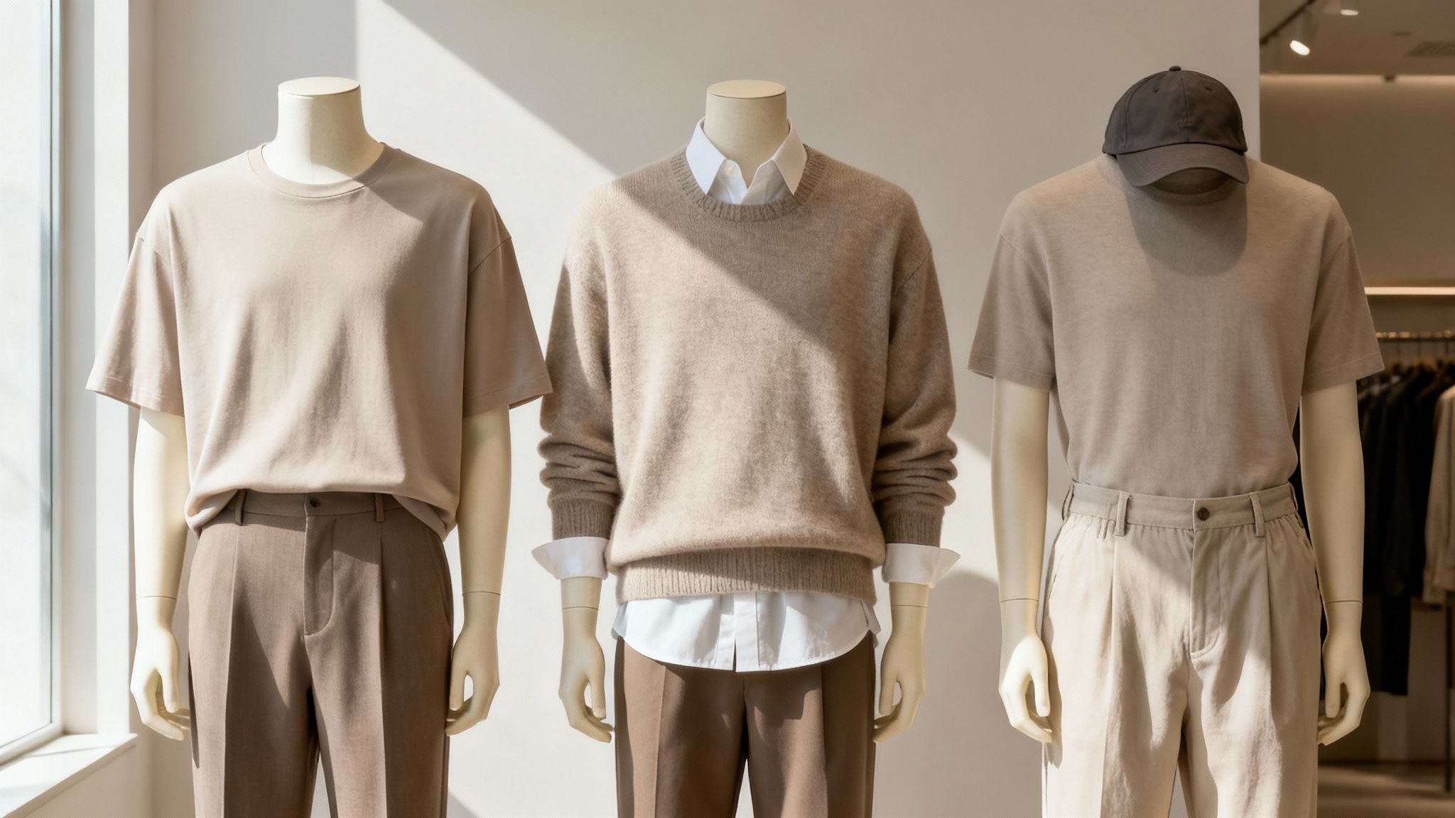Three mannequins showcase neutral-toned casual streetwear outfits in a modern store setting.