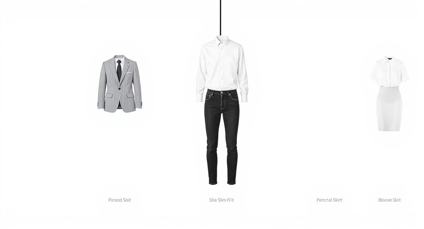 Три різні комплекти одягу: піджак, сорочка з джинсами та блузка зі спідницею на білому тлі.