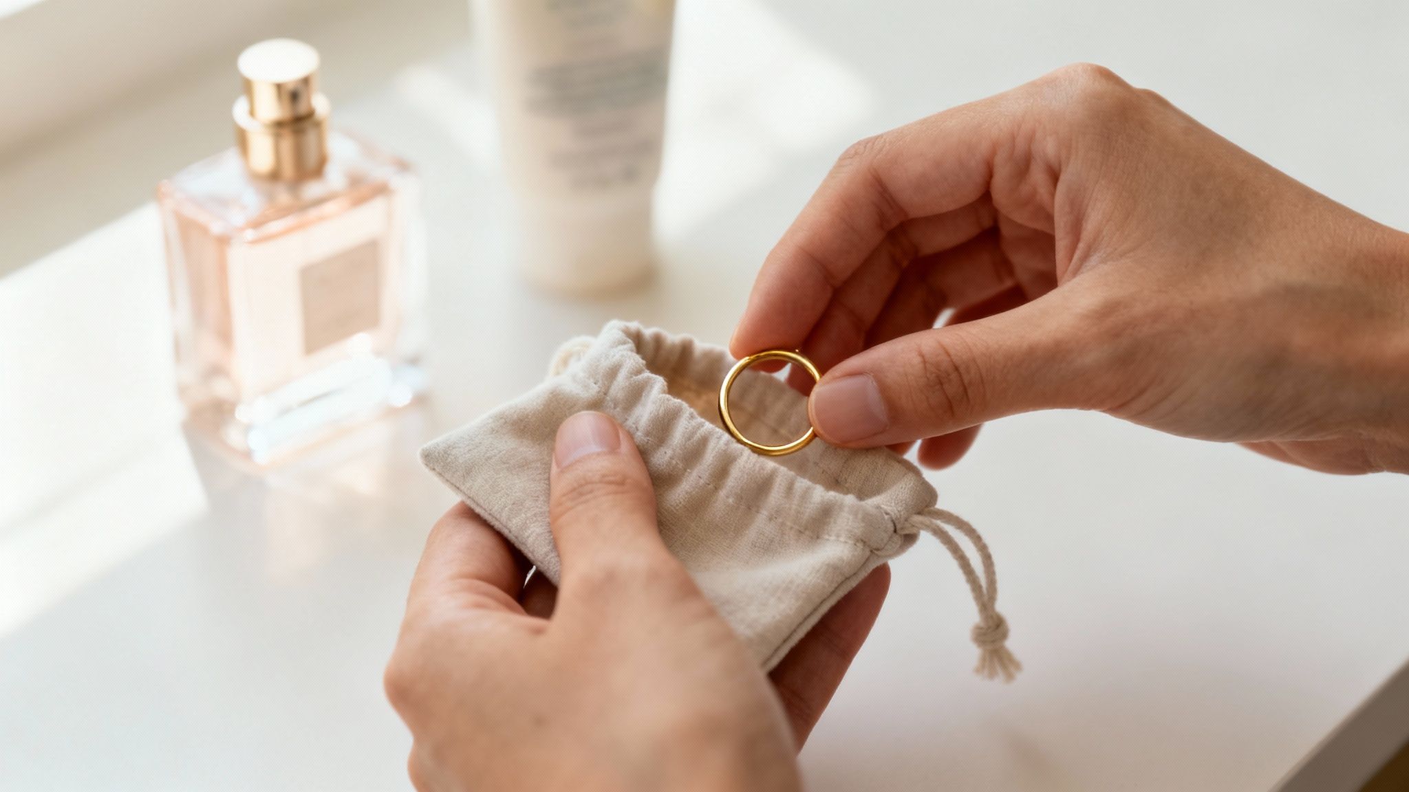 Hands gently placing a simple gold ring into a soft fabric drawstring pouch for storage.