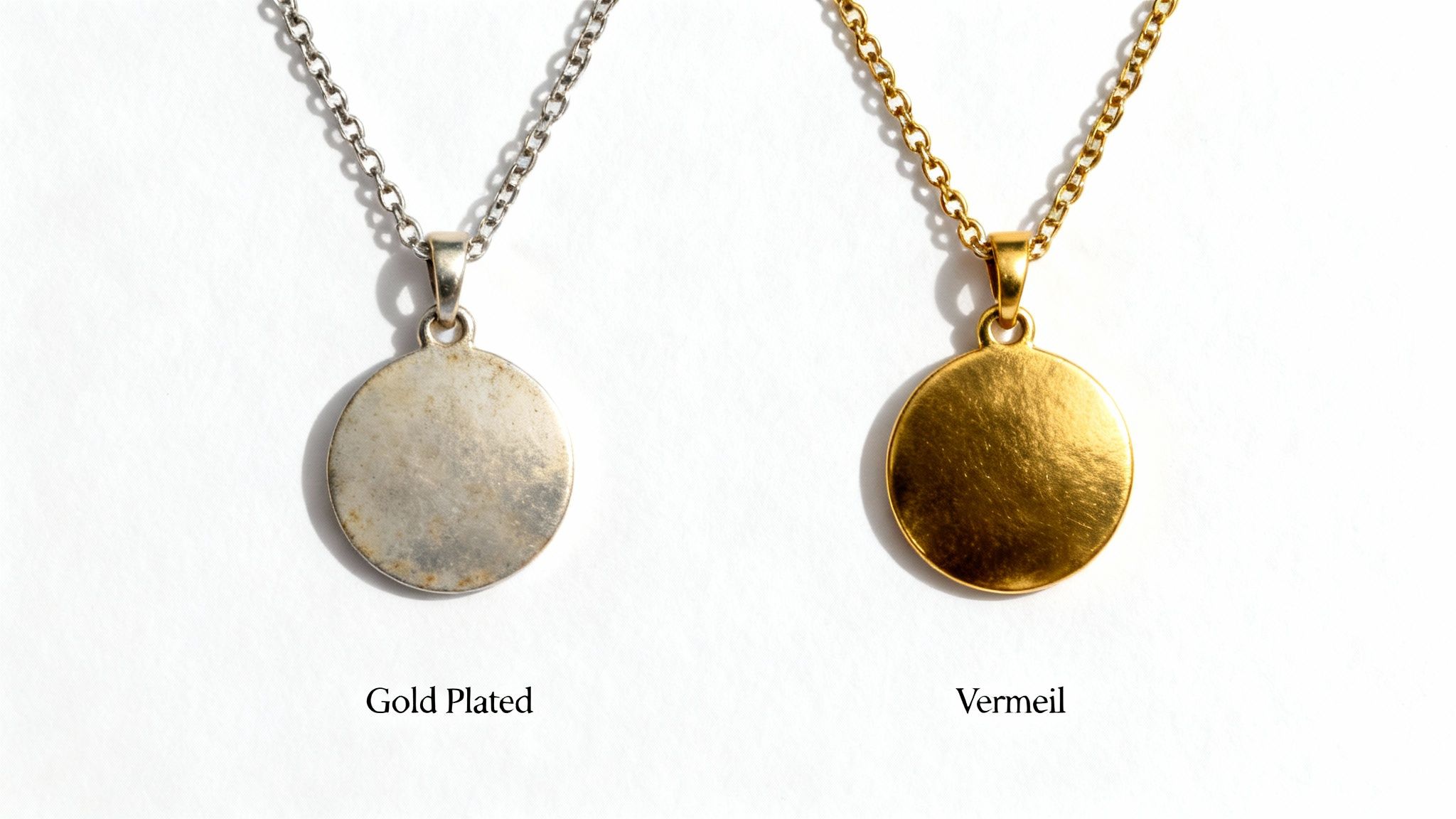 Comparison of a tarnished gold-plated necklace (silver) and a shiny gold vermeil necklace on a white background.