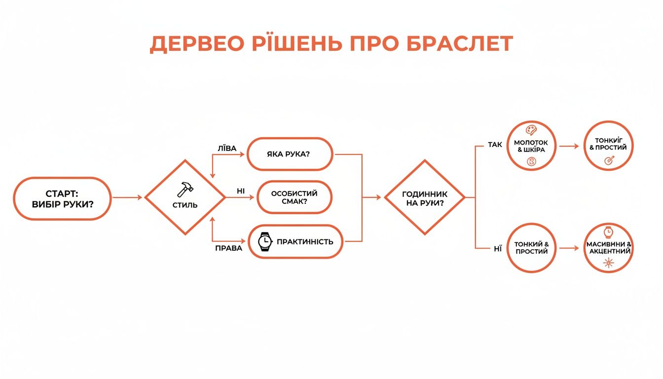 Діаграма дерево рішень допомагає вибрати браслет, враховуючи стиль, руку та наявність годинника.
