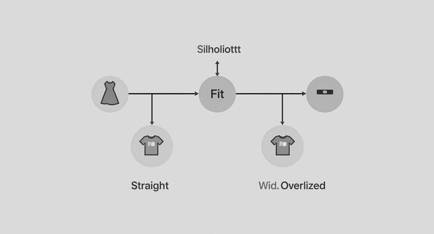 Діаграма вибору жіночого одягу за типом крою: силует, посадка, прямий та широкий оверсайз стилі