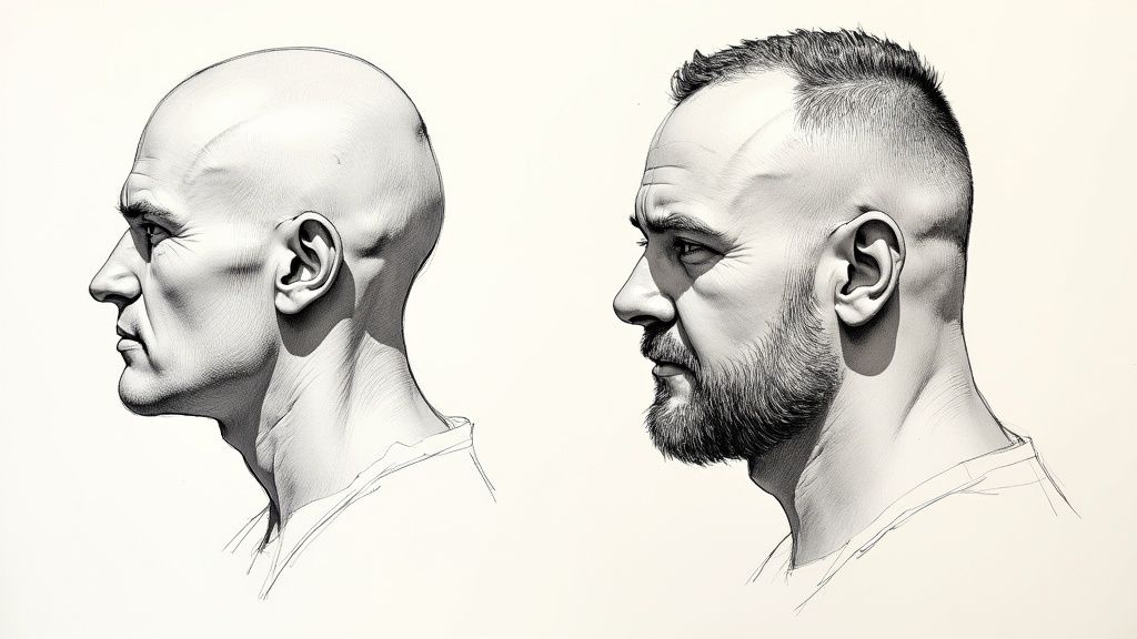 Людина обирає між двома худі однакового розміру L, але різного крою: оверсайз та класичним.