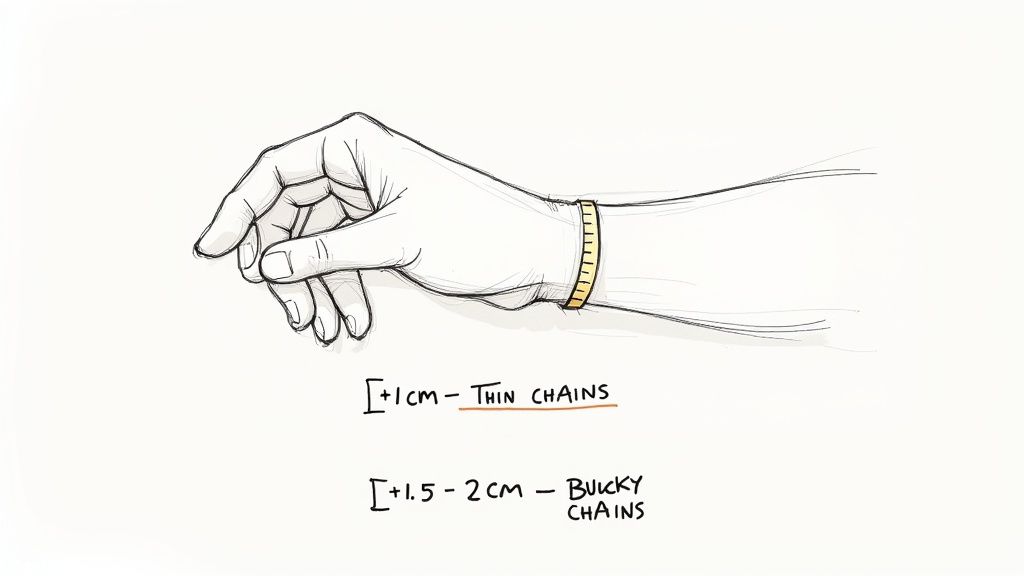 Ілюстрація руки з браслетом, що показує правильну посадку чоловічих ланцюжків та браслетів на зап'ясті