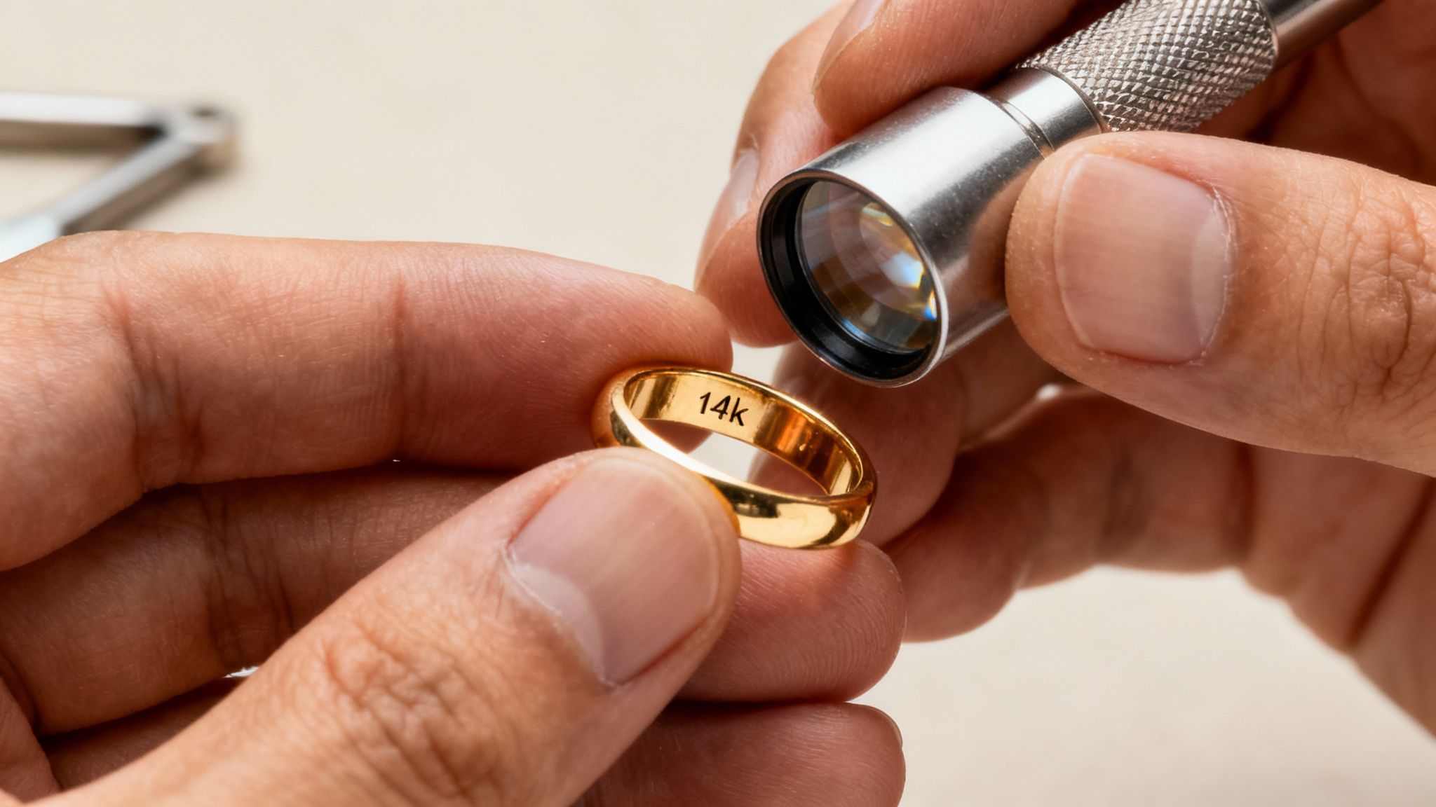 Hands examining a gold ring marked "14k" using a jeweler's magnifying glass.