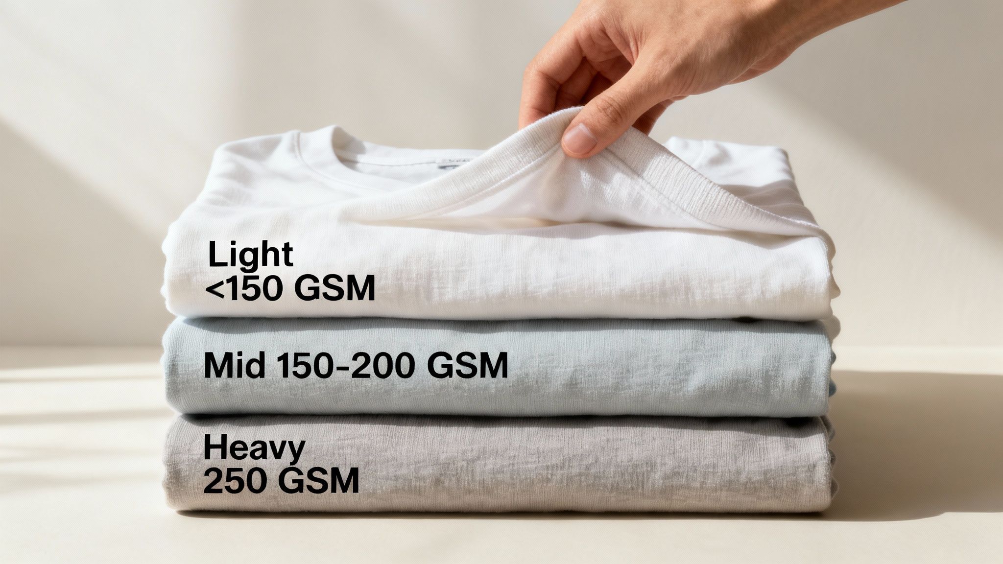 Stack of white, blue, and gray t-shirts showing light, mid, and heavy GSM weights.